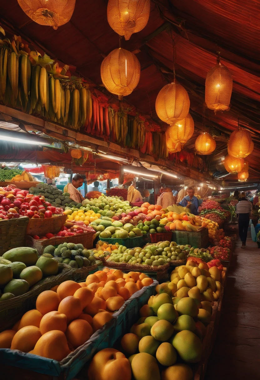 Colorful market, Exotic fruits and sunlight passing through the stalls, Create a warm and lively atmosphere. Realstic, Best quality, 8K Photo-Realistic, (Best quality:1.1), Masterpiece, (Realstic:1.1), photo-realistic