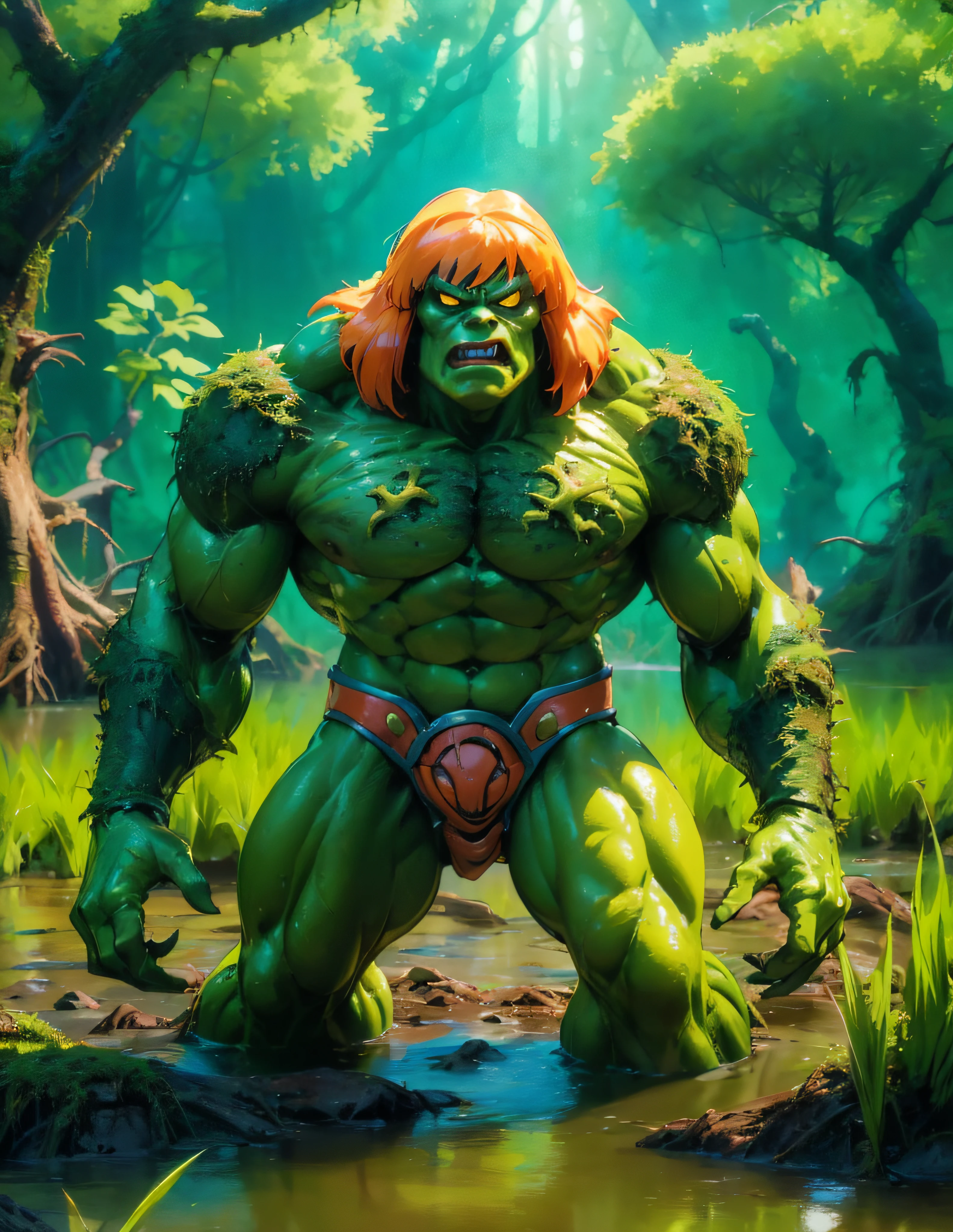 8k UHD, Photo by Nikon camera, masterpiece, (He-Man, anime style, Swamp Monster Style), in a green swamp, watching viewe, very vivid lighting, detailed, 8k unreal engine render,, (vibrant, photo realistic, realistic, sharp focus)