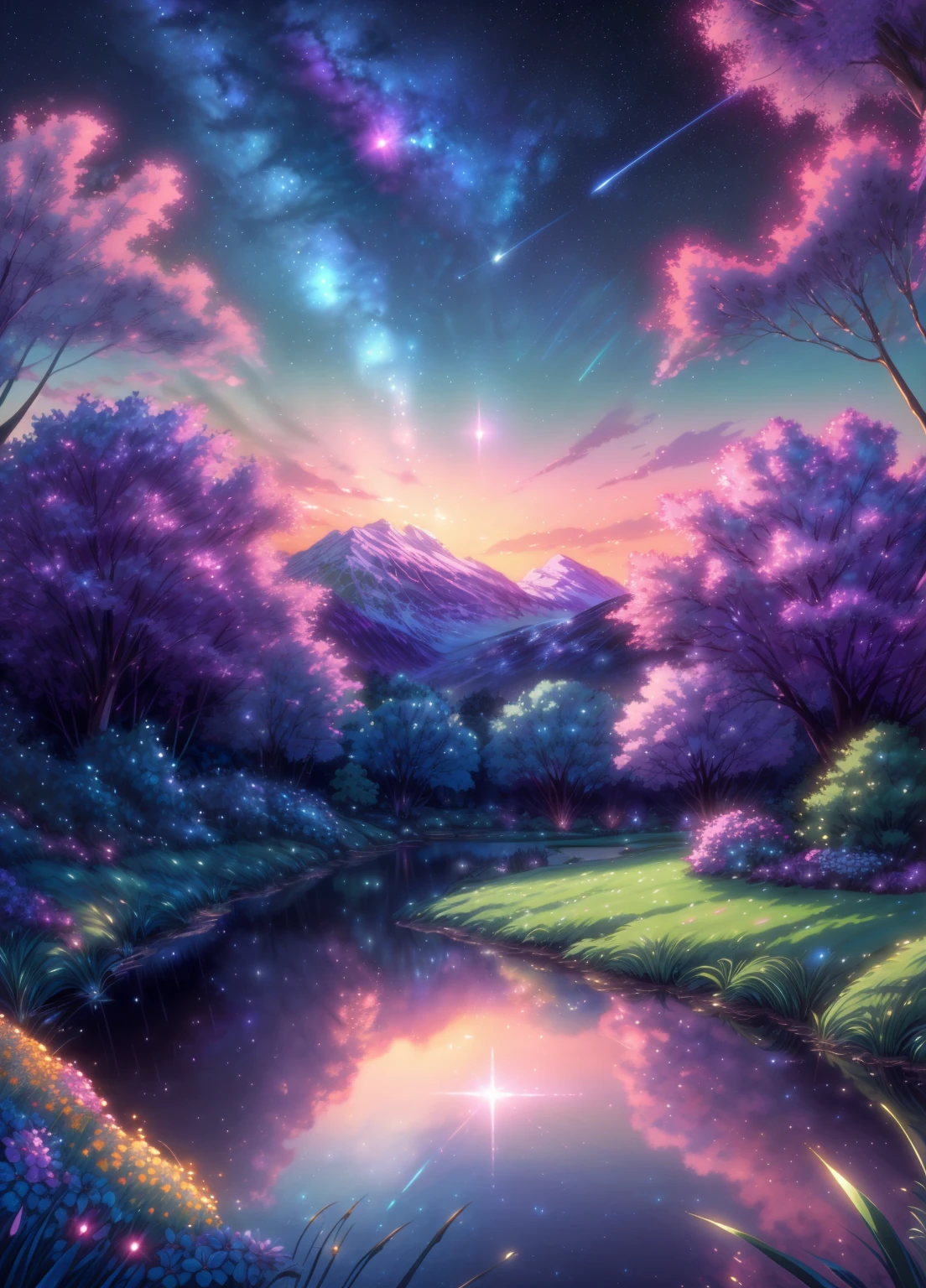 (best quality,4k,8k,highres,masterpiece:1.2),ultra-detailed,(realistic,photorealistic,photo-realistic:1.37),Enchanted forest, illuminated by the soft moonlight,playful foxes,graceful fawns,adorable cubs,wise owls,cute bunnies,prickly hedgehogs gather under the celestial beauty,portraits,A beautiful princess in a dress watering colorful flowers on a planet. background, mountainous landscape in pastel tones. The lighting is soft and dreamlike. The 3D rendering quality is extremely detailed and realistic at 8K resolution.", eye, Close up, Beautiful night sky, meteor shower, Beyond the clouds, Surrounded by water, Pondering, Wide angel, Breathtaking clouds, wide angles, By Makoto Shinkai, tomas kinkade, James Gilead, Achieve the landscape through holographic sleep, hdr, voluminetric lighting, Ray tracing, intricate complexity, High details, Very detailed, Deviant-art, 4k vertical wallpaper,, Colorful, Airy, anime illustration, anime nature wallpaper
, landscape,photography,vivid colors,warm tones,soft lighting,peaceful ambiance