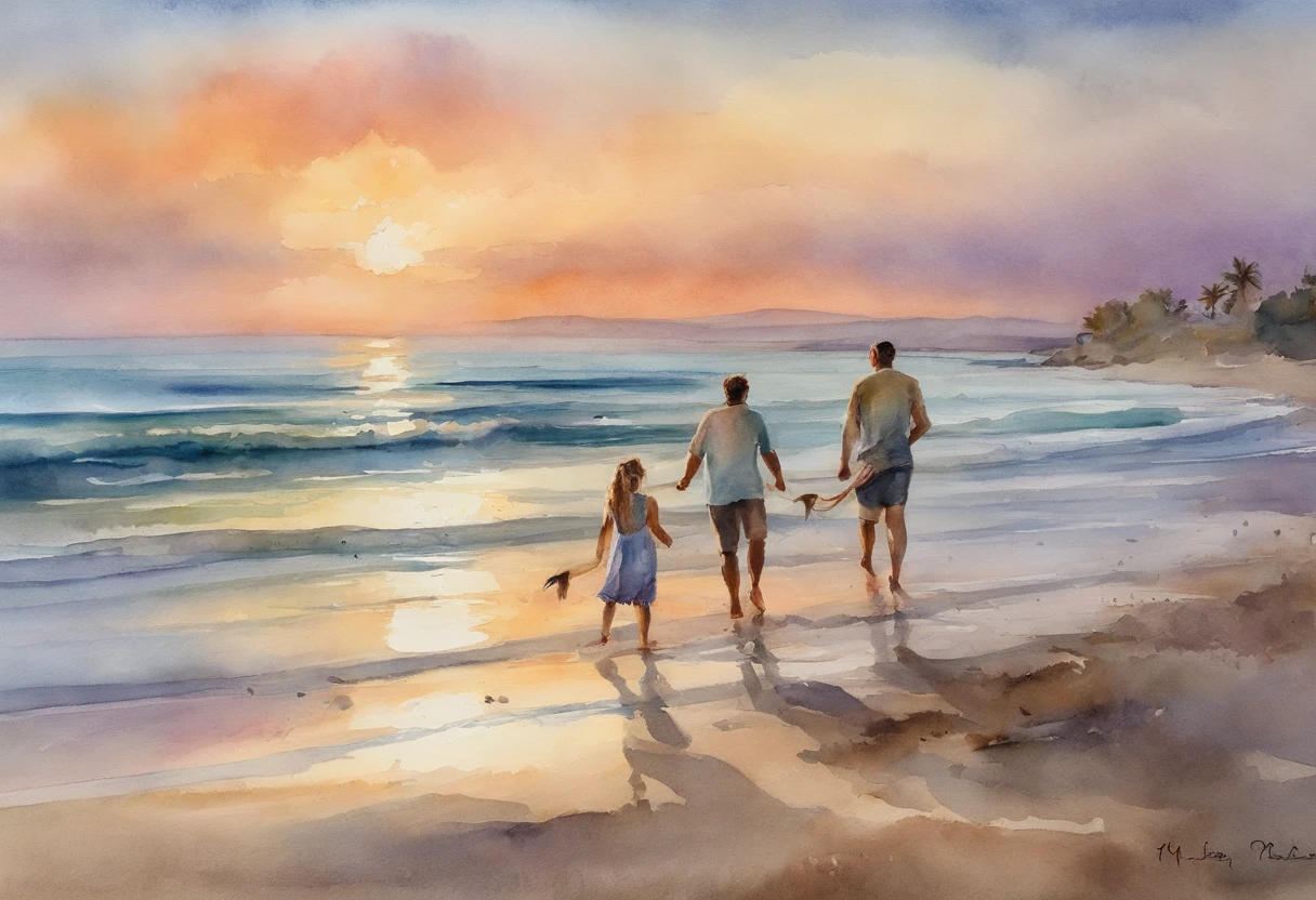 When the sun sets on the beach, A father and his two twenty-year-old daughters playfully chase their -year son ng the coastline. The sky is painted with a breathtaking palette of pastel pastel tones - dusty blue, with soft pink colors, and fantastic lavender. The scene evokes a sense of serenity and unity, Beauty captured through the lens of a watercolor painter.