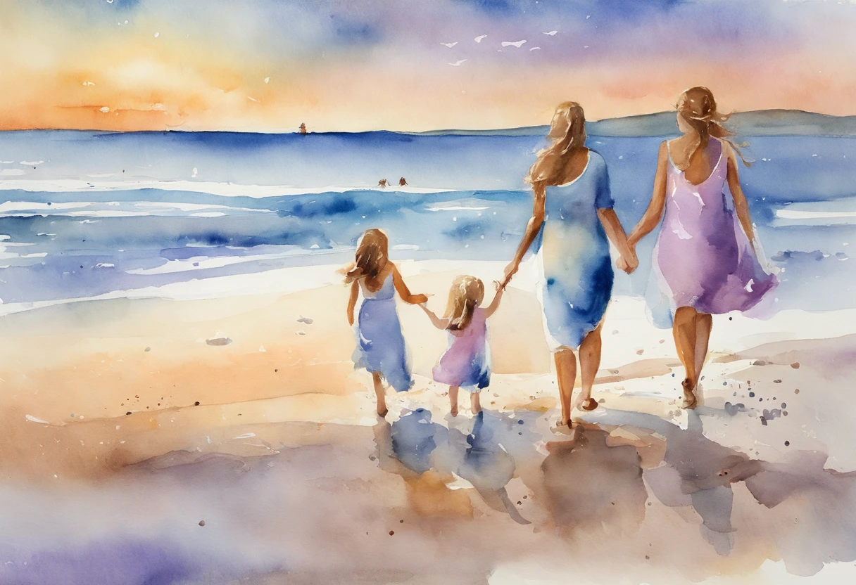 When the sun sets on the beach, A father and his two twenty-year-old daughters playfully chase their five-year-old son along the coastline. The sky is painted with a breathtaking palette of pastel pastel tones - dusty blue, with soft pink colors, and fantastic lavender. The scene evokes a sense of serenity and unity, Beauty captured through the lens of a watercolor painter.