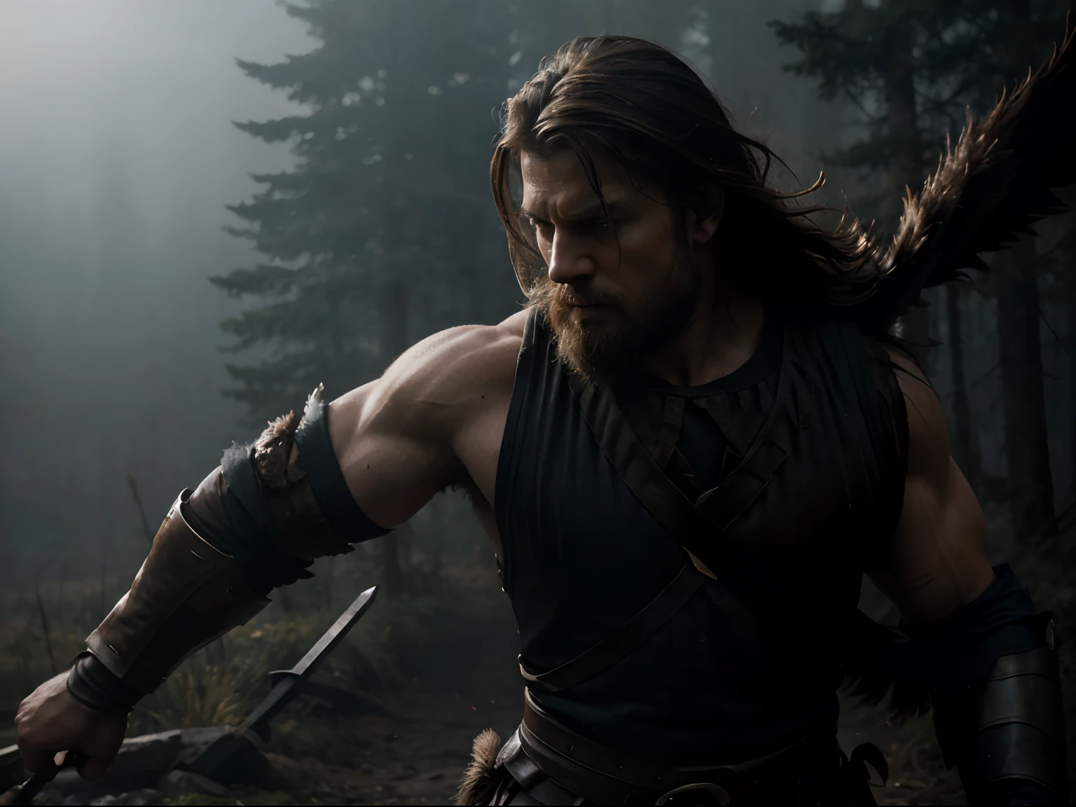 (masterpiece) Close-up of a dynamic action battle scene of an extraordinarily strong and heavenly masculine viking warrior fighting a battle in the heart of a foggy forest at sunrise, intense, dramatic epic pose, palpable ethereal ambience, atmospheric depth, stark contrasts, moody undertones, photorealistic, film grain, cinematic shot with hasselblad, cyclorama effect