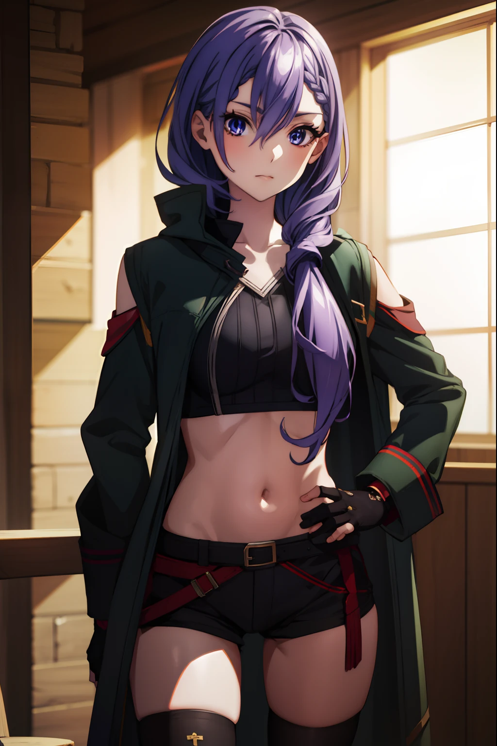 iseleveluna, luna jacket, long hair, purple hair, braid, hair between eyes, braided bangs,
BREAK thighhighs, gloves, shorts, midriff, fingerless gloves, hand on hips, cowboy shot, 
BREAK looking at viewer,
BREAK forest,
BREAK (masterpiece:1.2), best quality, high resolution, unity 8k wallpaper, (illustration:0.8), (beautiful detailed eyes:1.6), extremely detailed face, perfect lighting, extremely detailed CG, (perfect hands, perfect anatomy),