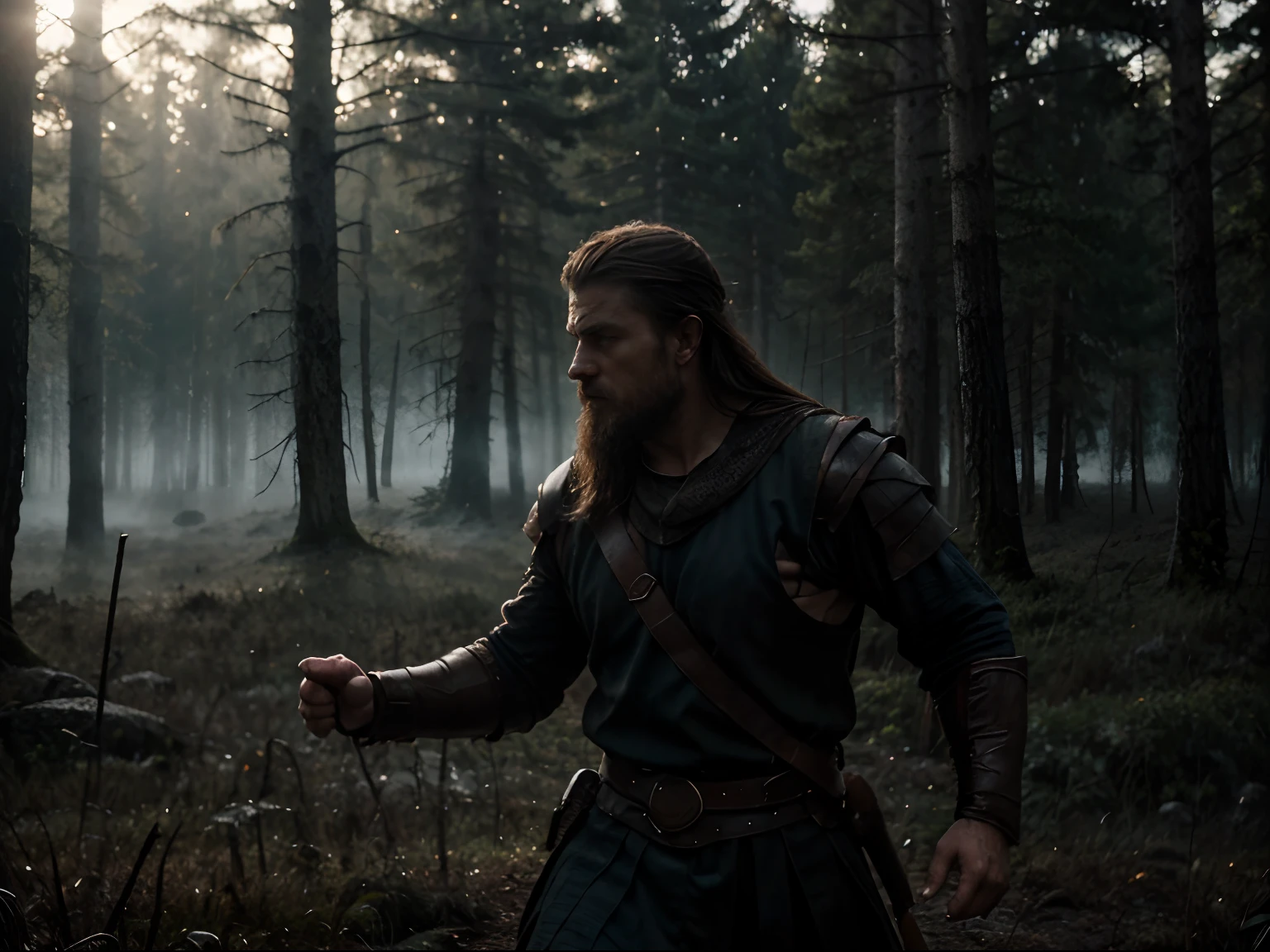 (masterpiece) Close-up of a dynamic action battle scene of an extraordinarily strong and heavenly masculine viking warrior fighting a battle in the heart of a foggy forest at sunrise, intense, dramatic epic pose, palpable ethereal ambience, atmospheric depth, stark contrasts, moody undertones, photorealistic, film grain, cinematic shot with hasselblad, cyclorama effect