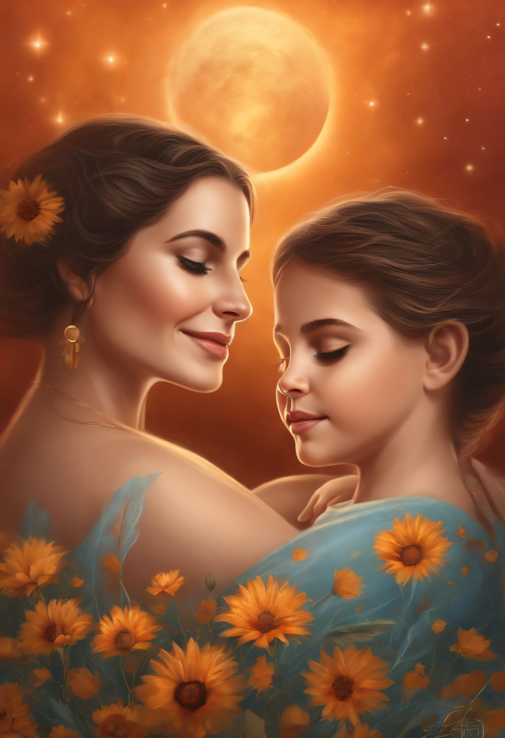 (uma mulher com seu filho, Good and Bad Cosmic Thoughts, passando-os para o filho),illustration,alta qualidade,Affective bond,Amor materno,intense expression,olhos lindamente detalhados,sorriso inocente,Olhando para as estrelas,crimson sunset,soft pastel colors,plantas em crescimento,atmosfera vibrante,luz solar quente,Happy memories,Maternal protection,Protective hug,olhar atencioso,sombras evocativas,Majestic Cosmic Background,Mysterious galaxy,Energia Celestial,contemplation,Enigmatic Secrets,Pure heart,deep connection,toque terno,Elementos surreais,powerful emotions,Cosmic Wisdom,amor incondicional,Generational Bond,momentos atemporais,Cosmic Orientation,Majestic bond between mother and son,sussurros celestiais,Intertwined Destinations,universo vivo.