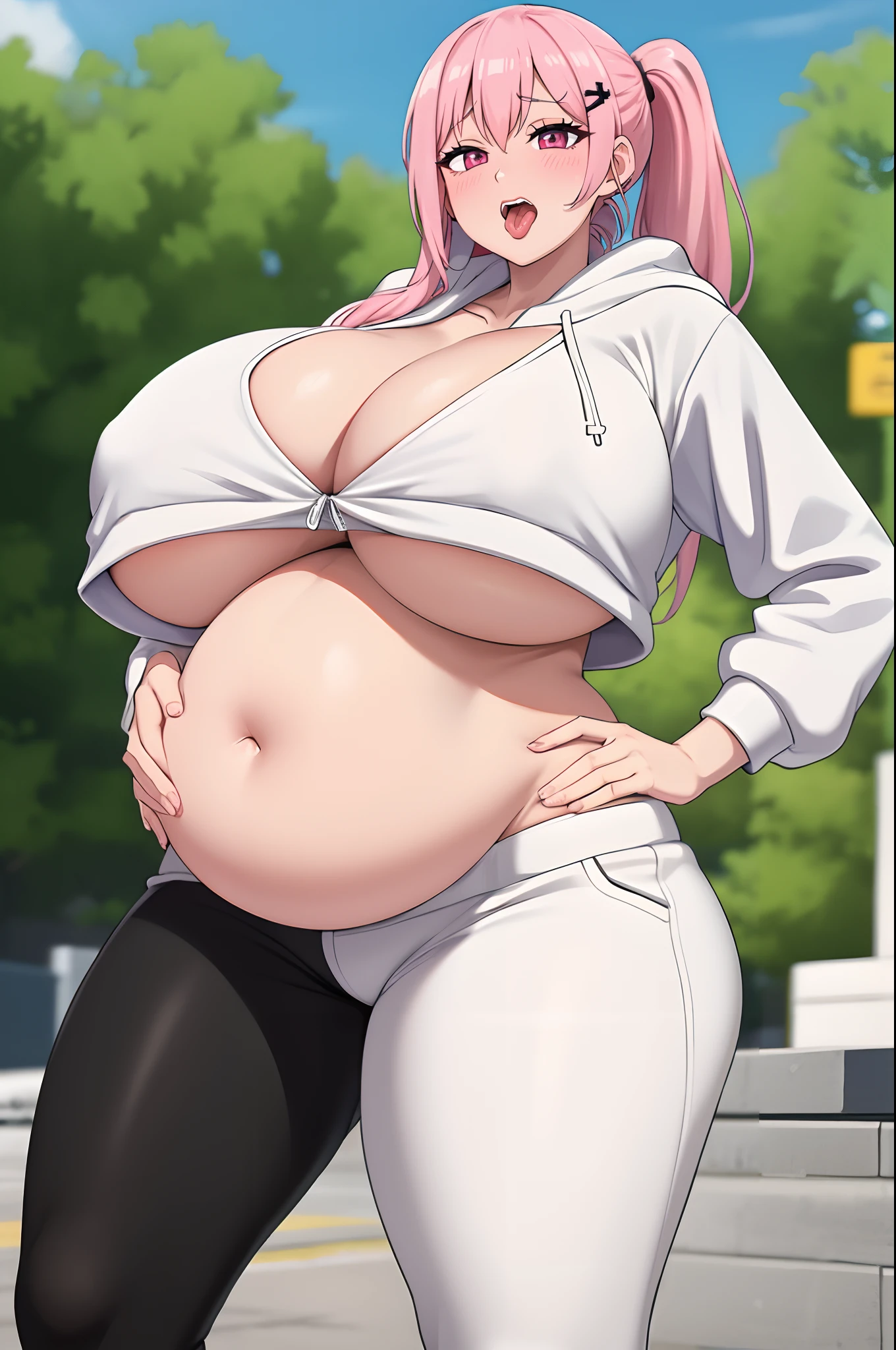 cropped hoodie underboob, outdoors, hoodie, large breasts, pants, jewelry, pink hair, hood, black pants, white hoodie, long sleeves, hairclip, red eyes, ponytail, navel, long hair, hand on hip, underboob, hair ornament, solo, 1girl, , earrings,, enormous huge natural breasts, cleavage, ahegao, gigantic breasts, cross-eyed, giant pregnant belly.