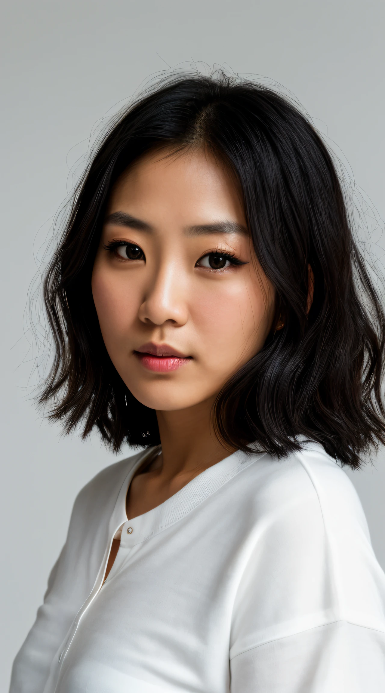 front view, looking at camera, RAW photo,((black shirt:1.2)), ((portrait)), beautiful japanese woman, 30 years old woman, brown eyes, perfecteyes eyes, ((white background:1.2)), studio lighting, high quality, film grain, Fujifilm XT3, centralized