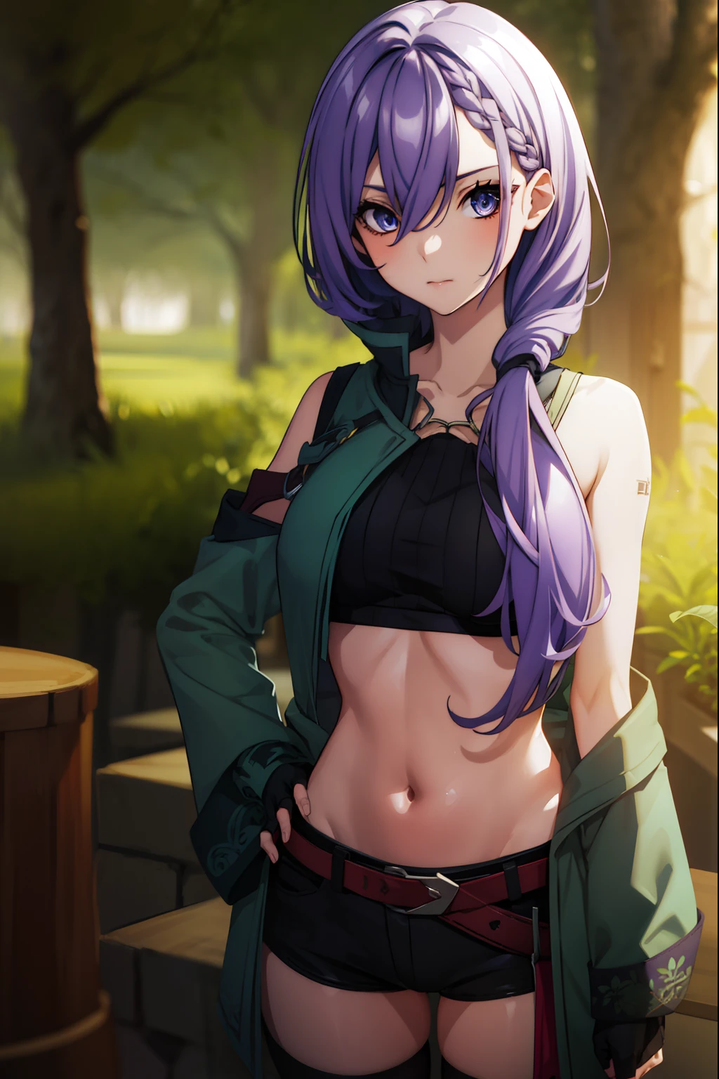 iseleveluna, luna jacket, long hair, purple hair, braid, hair between eyes, braided bangs,
BREAK thighhighs, gloves, shorts, midriff, fingerless gloves, hand on hips, cowboy shot, 
BREAK looking at viewer,
BREAK forest,
BREAK (masterpiece:1.2), best quality, high resolution, unity 8k wallpaper, (illustration:0.8), (beautiful detailed eyes:1.6), extremely detailed face, perfect lighting, extremely detailed CG, (perfect hands, perfect anatomy),