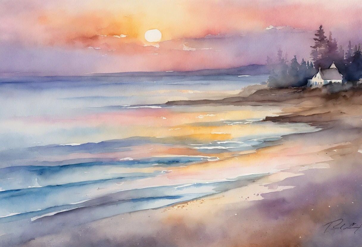 When the sun sets on the beach. The sky is painted with a breathtaking palette of pastel pastel tones - dusty blue, with soft pink colors, and fantastic lavender. The scene evokes a sense of serenity and unity, Beauty captured through the lens of a watercolor painter.