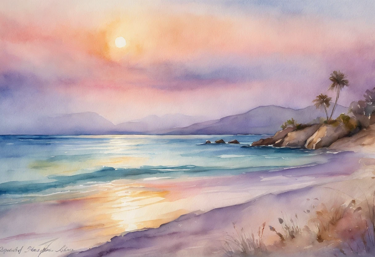 When the sun sets on the beach. The sky is painted with a breathtaking palette of pastel pastel tones - dusty blue, with soft pink colors, and fantastic lavender. The scene evokes a sense of serenity and unity, Beauty captured through the lens of a watercolor painter.