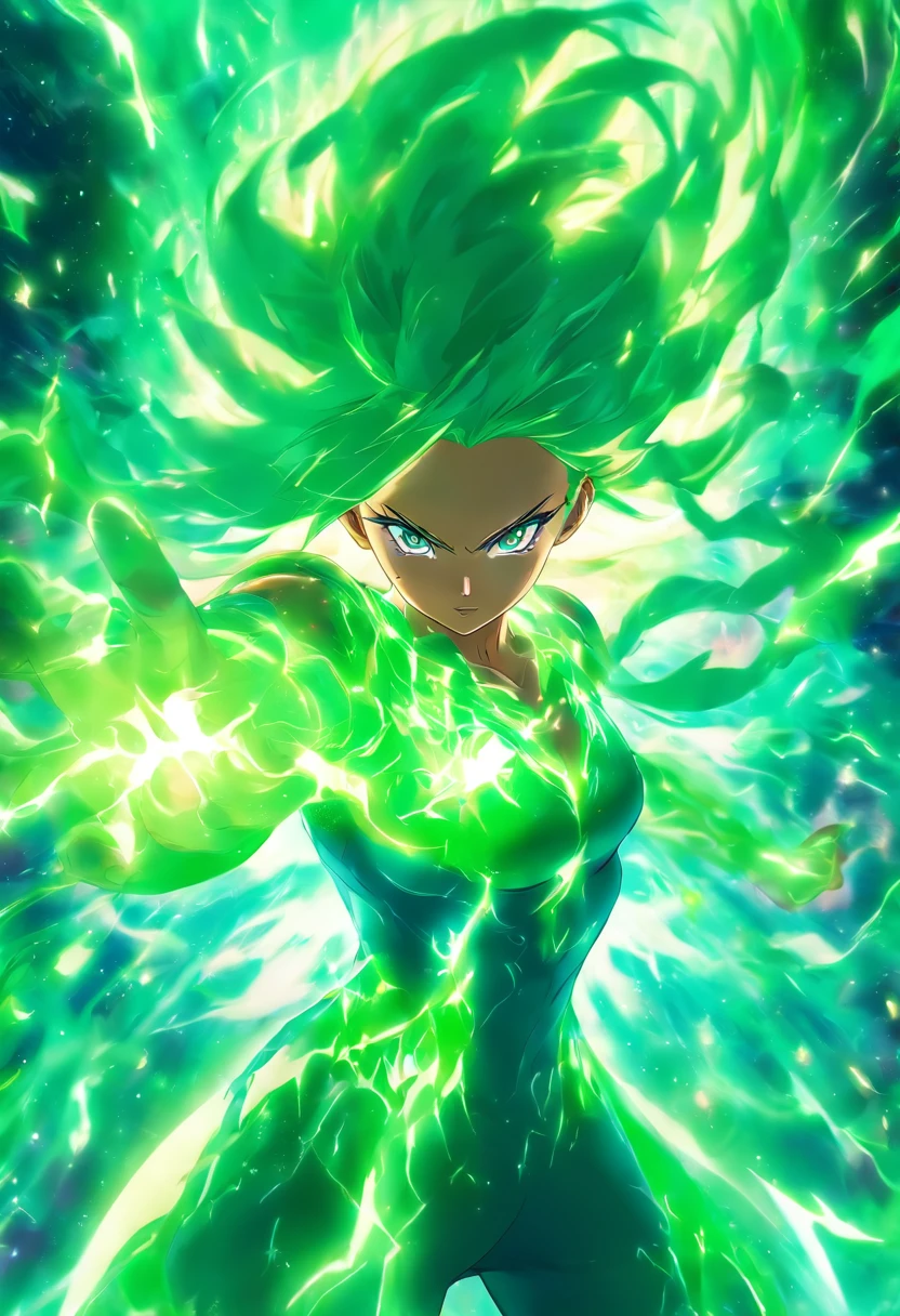 a woman using green aura power