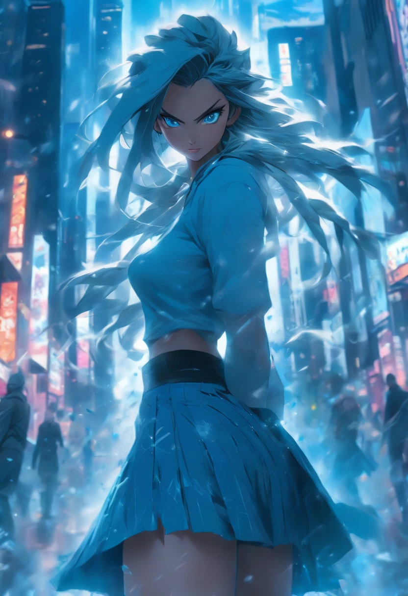 Blue eyes, Masterpiece, Best Quality, 8K, Photographic Reality, Realistic, Octane Rendering, Bustling Urban Streets of CHicago (1 Woman: 1.4), (Only One Woman on the Screen: 1.3), (Blue Shirt), (Long Black Hair), (Hip Wrapped Skirt), (Blue Eyes) Upper Body Display (Asian-American) (Fit, Athletic, Tall)(Small Breasts) (frost Giants)