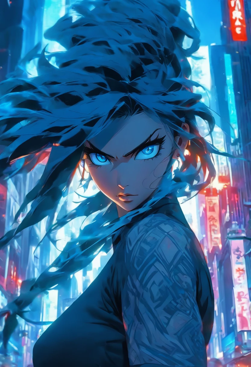 Blue eyes, Masterpiece, Best Quality, 8K, Photographic Reality, Realistic, Octane Rendering, Bustling Urban Streets of CHicago (1 Woman: 1.4), (Only One Woman on the Screen: 1.3), (Blue Shirt), (Long Black Hair), (Hip Wrapped Skirt), (Blue Eyes) Upper Body Display (Asian-American) (Fit, Athletic, Tall)(Small Breasts) (frost Giants)
