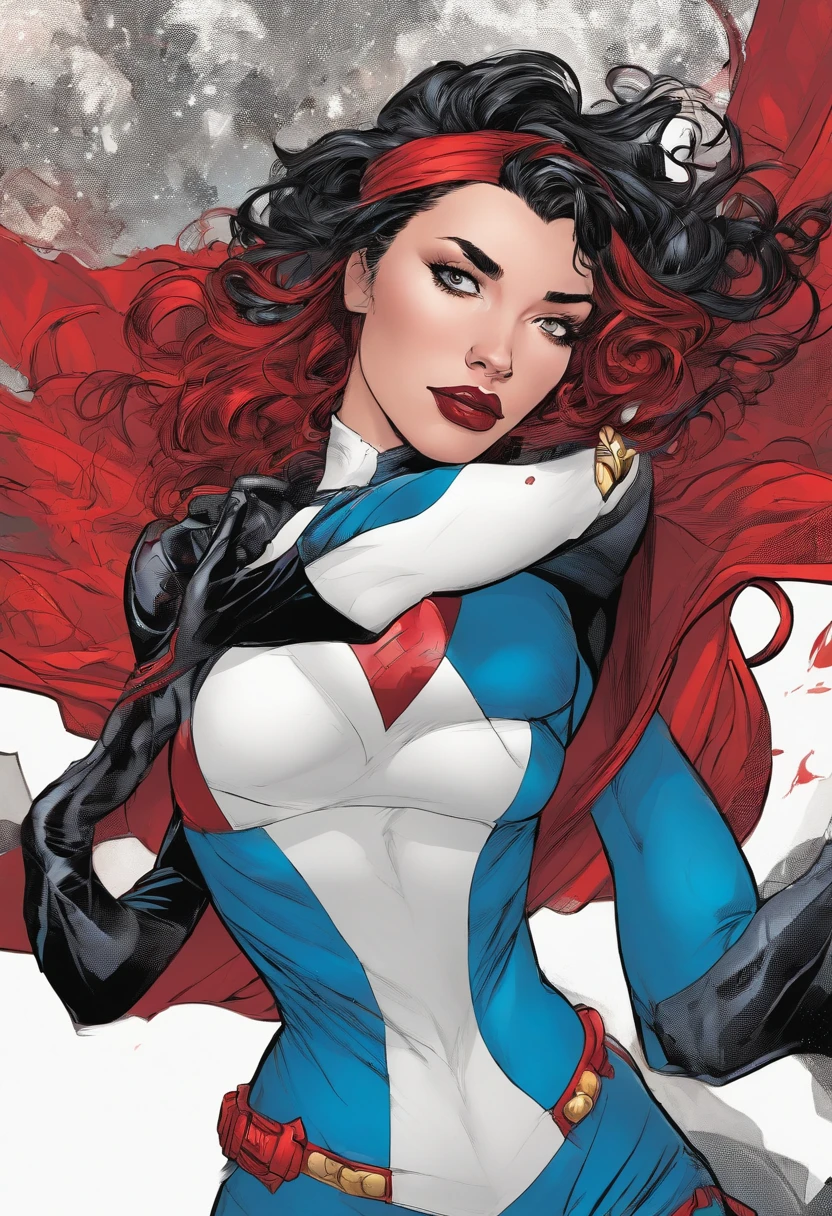 Comics, Marvel, mujer, fair pale skin, ojos azules , cabello negro hasta los hombros, long eyeslashes, Black and red superhero costume, delineador, labios rojos, cabello negro, goth