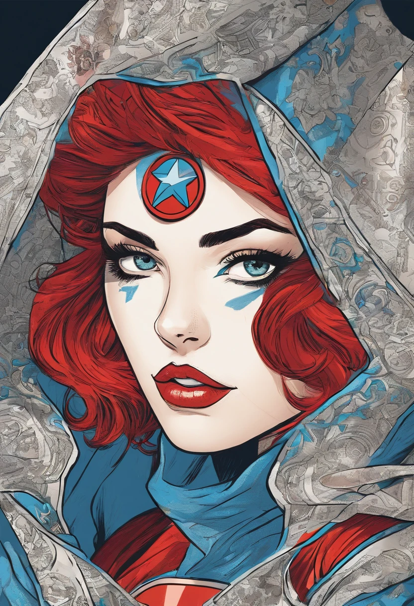 historietas, Maravilla, Mujer, fair pale skin, ojos azules , cabello ????? hasta los hombros, long eyeslashes, Black and red superhero costume, delineador, labios rojos, cabello ?????, godo