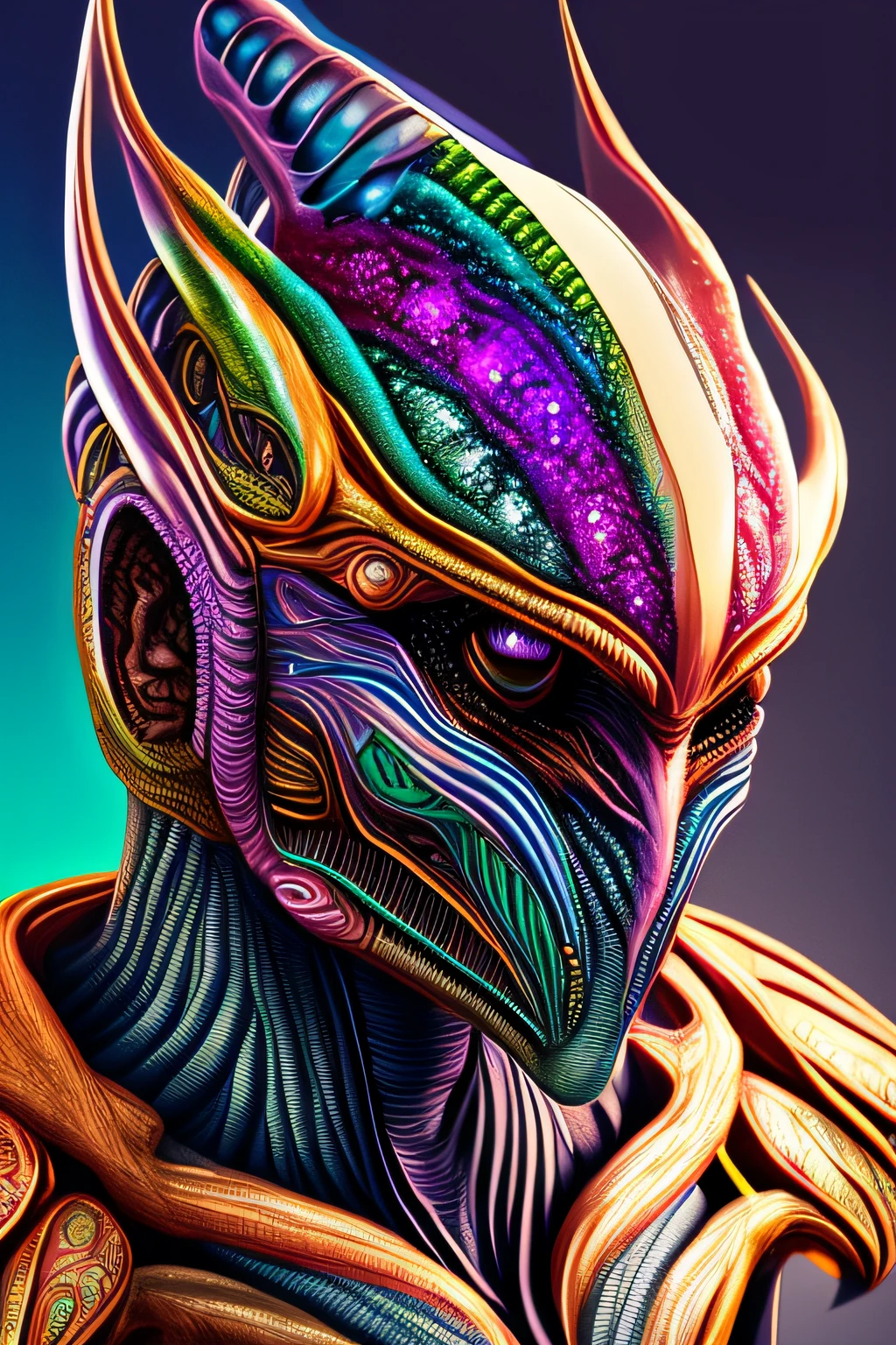 In coloring style, a detailed and realistic alien face.