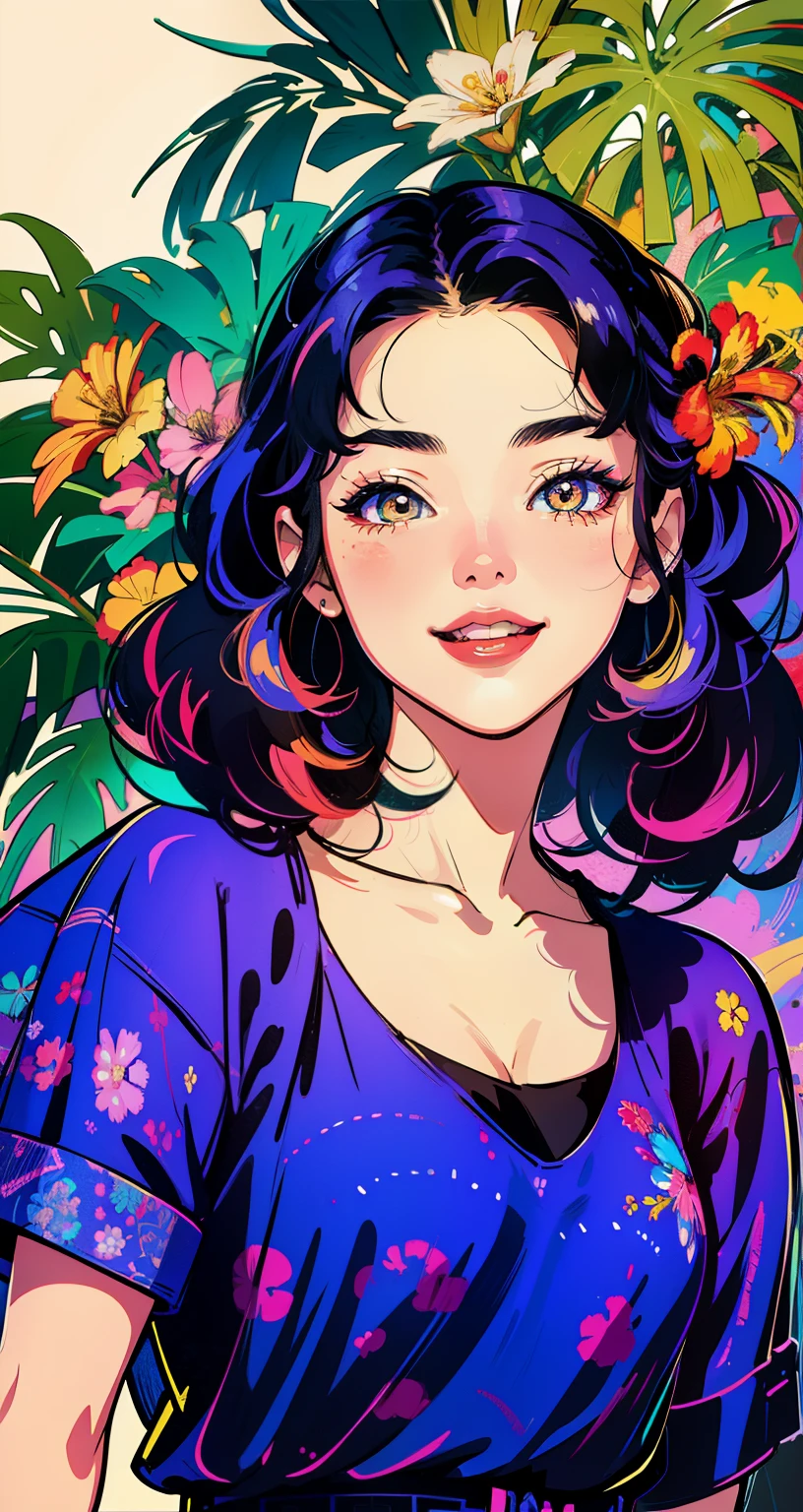 Create digital artwork in the Pop Art style, Featuring a vibrant and confident young Asian girl，street fashion, Movie color scheme, big smile, wink eye, Surrounded by vintage flower motifs, Vibrant brushstrokes,Emotions should be dynamic, Upper body, Drawing, illustration, escala cinza, tropical, Many flowers,