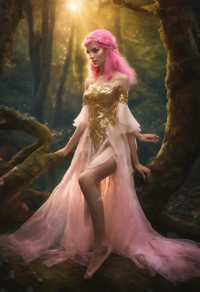 High res, extreme detail, 4k. Ultra realistic. Tall forest elf. Full body visable including legs. Pink short hair with curtain bangs. White sheer see through dress. Forest setting, ((golden hour))
