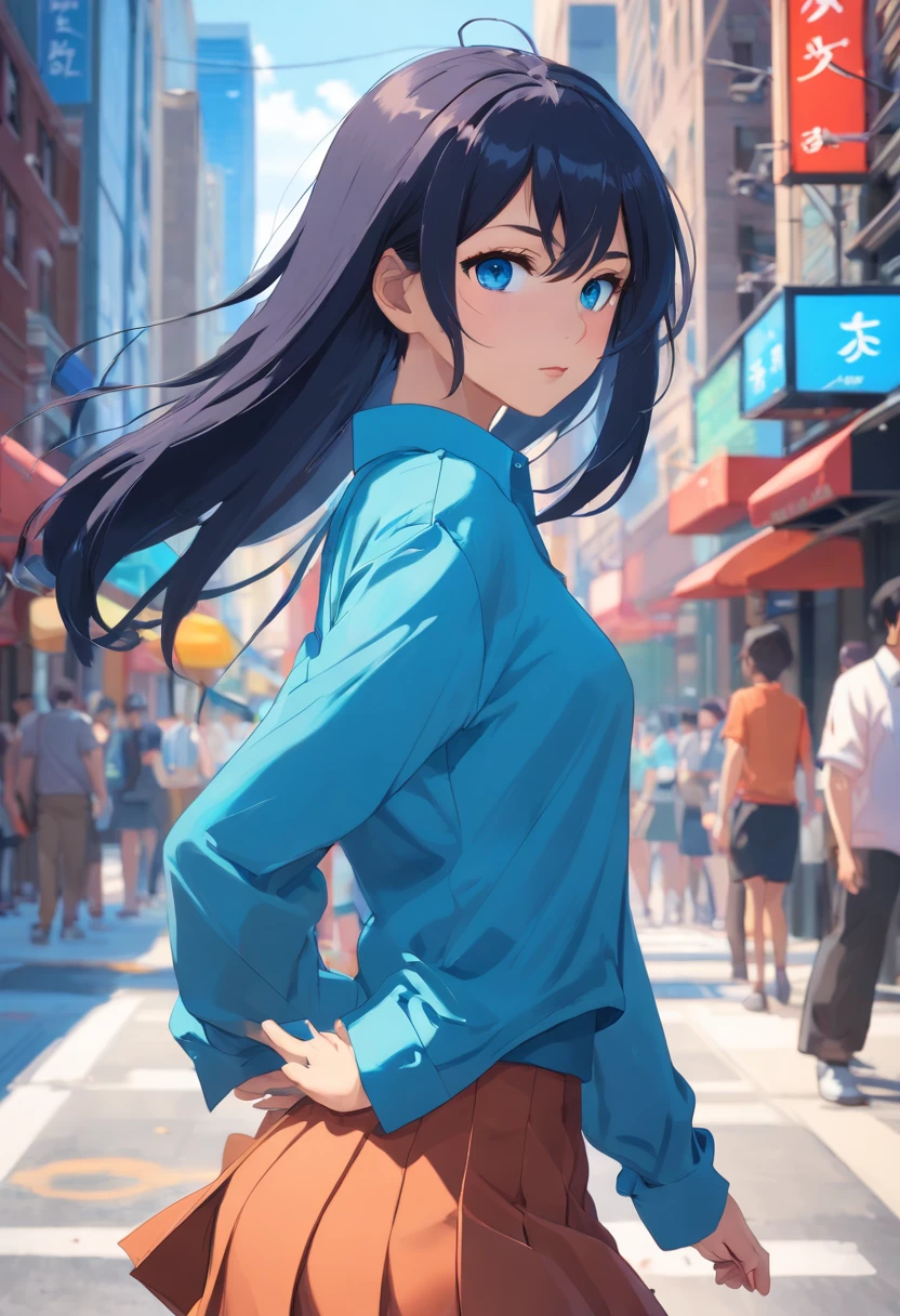 Blue eyes, Masterpiece, Best Quality, 8K, Photographic Reality, Realistic, Octane Rendering, Bustling Urban Streets of CHicago (1 Woman: 1.4), (Only One Woman on the Screen: 1.3), (Blue Shirt), (Long Black Hair), (Hip Wrapped Skirt), (Blue Eyes) Upper Body Display (Asian-American) (Fit, Athletic, Tall)(Small Breasts) (Giants)