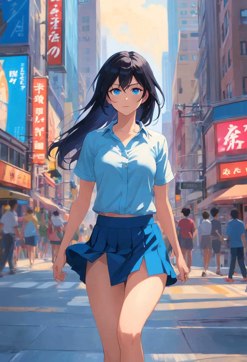 Blue eyes, Masterpiece, Best Quality, 8K, Photographic Reality, Realistic, Octane Rendering, Bustling Urban Streets of CHicago (1 Woman: 1.4), (Only One Woman on the Screen: 1.3), (Blue Shirt), (Long Black Hair), (Hip Wrapped Skirt), (Blue Eyes) Upper Body Display (Asian-American) (Fit, Athletic, Tall)(Small Breasts) (Giants)