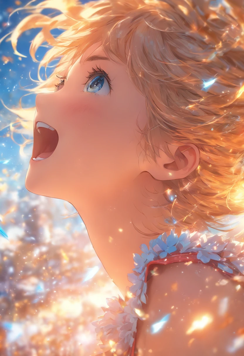 (cinematic digital art: 1.3), alta qualidade, master part, Qualidade Superior, Super Detalhe, illustration, [Arte Digital 4K]!!、 Kyoto animation style, uma mulher, Clavicle Beauty, 鎖骨, Luz, Hope, blue skies, Positivo, desafio, motivation, brilho, dynamic perspective