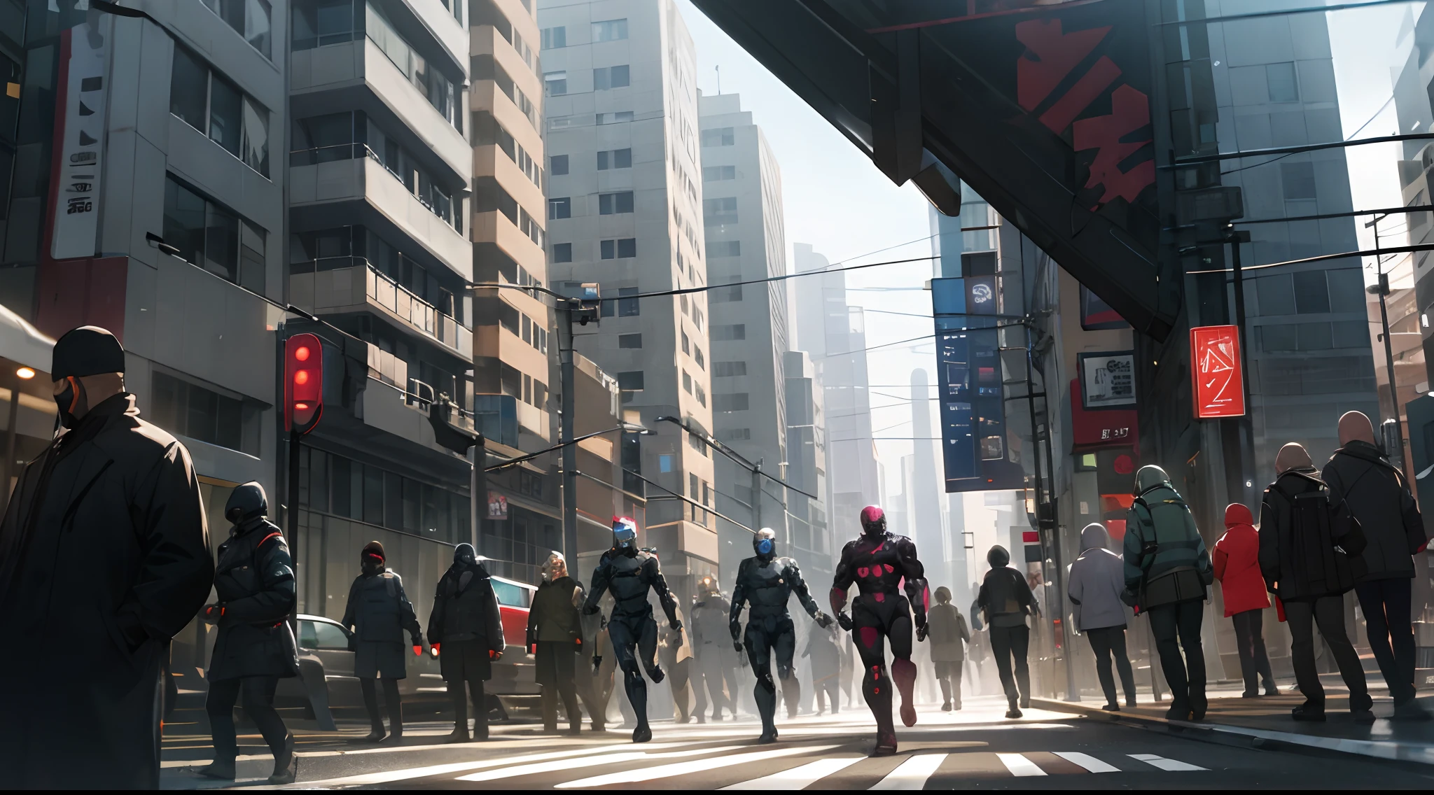 cyborgs among people on the streets of a city