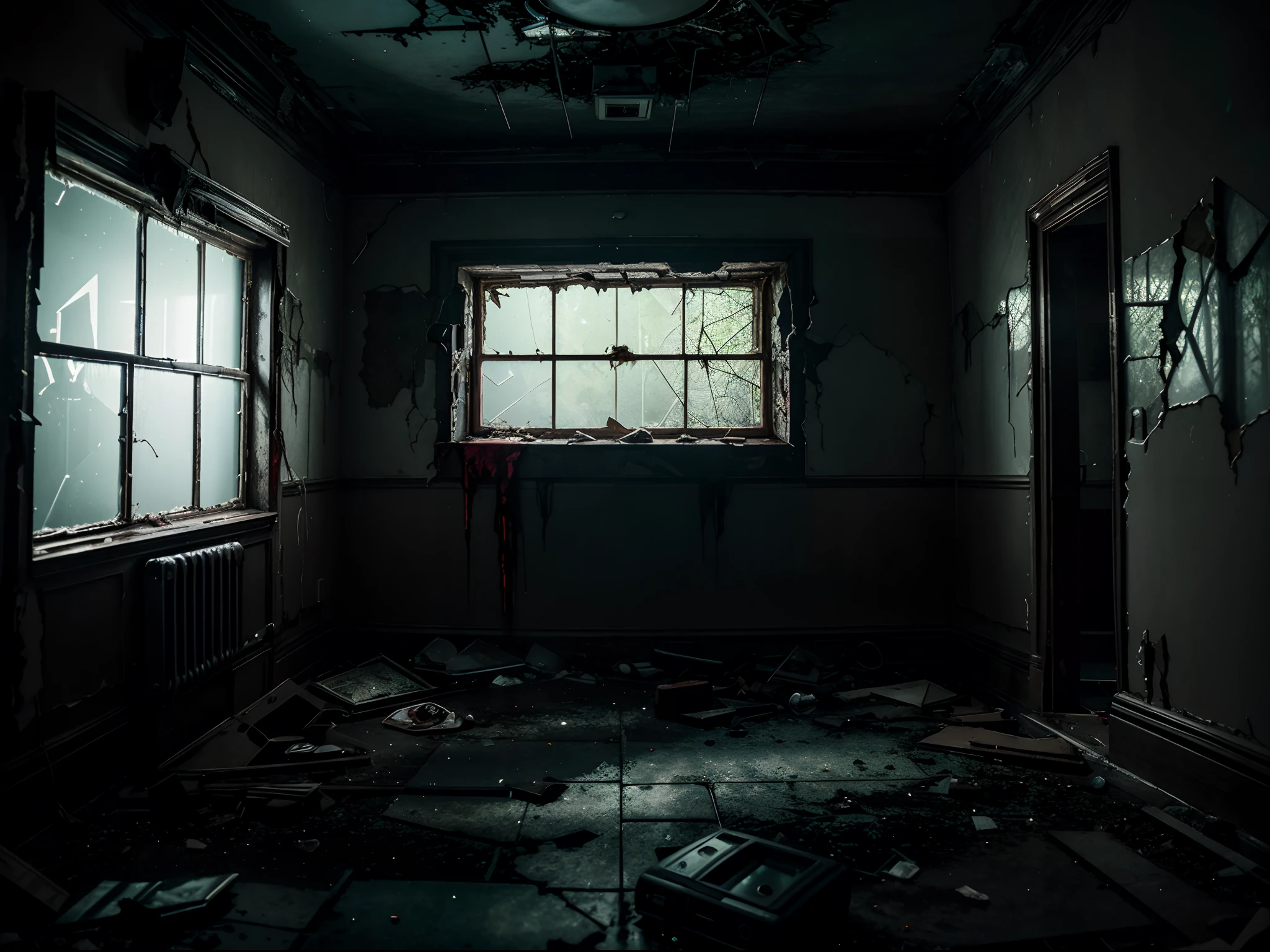 An abandoned hospital whose interior furniture is seen terribly broken walls and bloody stains on the walls