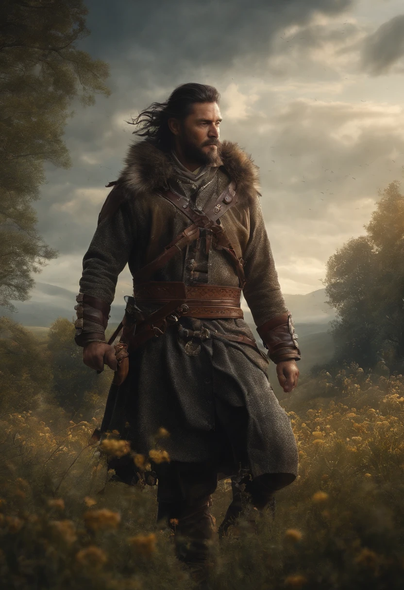 high quality, 8K Ultra HD, ultra-realistic and highly detailed starry sky, shooting star, midnight, detailed shadow illustration of a Celtic warrior with long black hair and short beard, walking along a path full of flowers and bushes looking at the starry sky in a meadow, a wolf accompanies him, an eagle and a crow fly far in the sky, by yukisakura, very detailed,