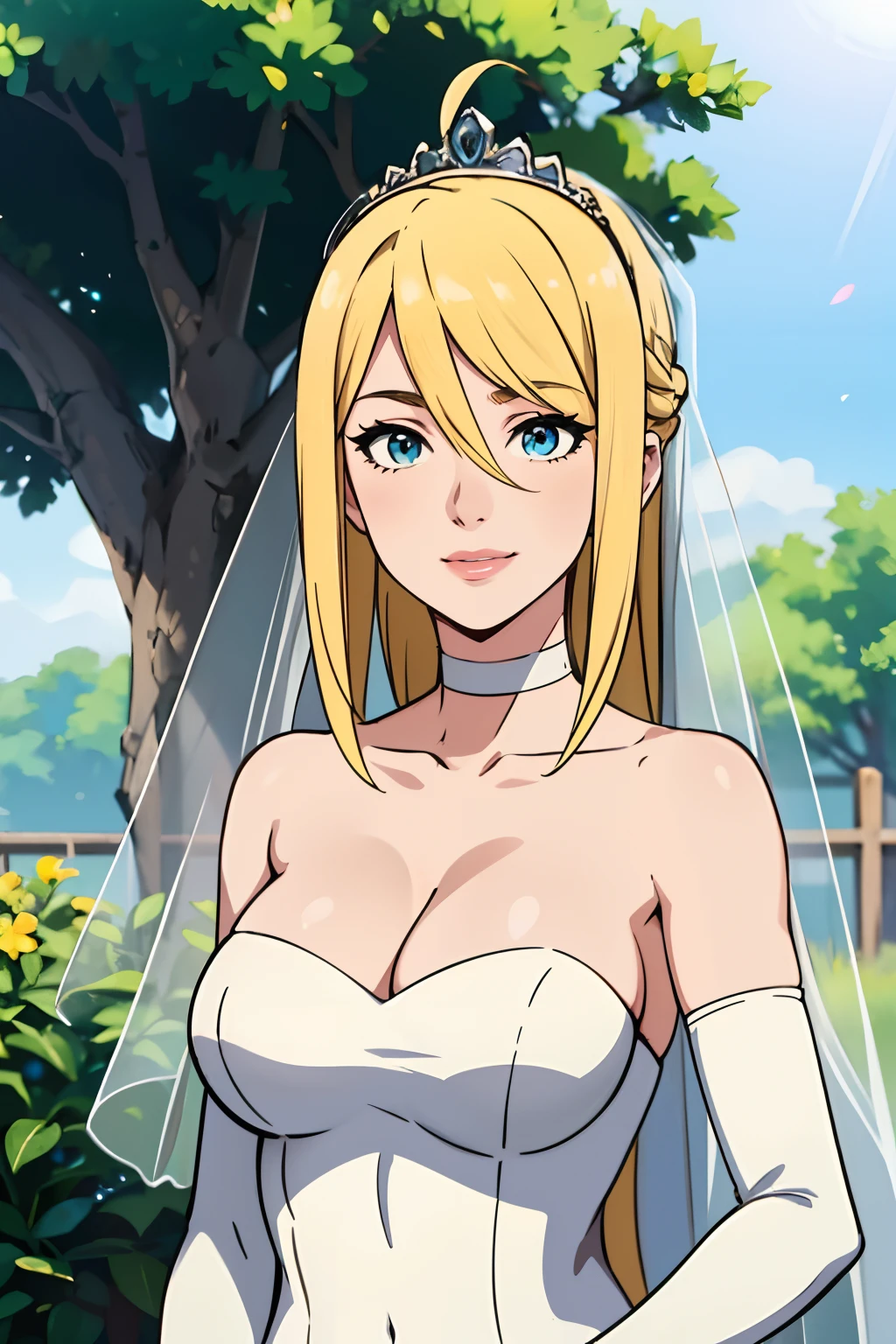 samus aran, hair between eyes, ahoge, blond hair, star \(symbol\), hair ornament, dress, cleavage, bare shoulders, collarbone, long white elbow gloves, white gloves, white dress, white choker, strapless, tiara, veil, strapless dress, wedding dress, bridal veil, beautiful woman, perfect body, perfect breasts, wearing a wedding dress, ball gown, in the park trees, wedding decorations, a in love smile, realism, masterpiece, textured skin, super detail, high detail, high quality, best quality, 1080p, 16k