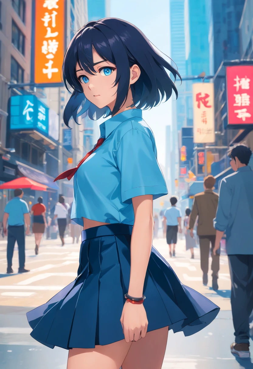 Blue eyes, Masterpiece, Best Quality, 8K, Photographic Reality, Realistic, Octane Rendering, Bustling Urban Streets of CHicago (1 Woman: 1.4), (Only One Woman on the Screen: 1.3), (Blue Shirt), (Long Black Hair), (Hip Wrapped Skirt), (Blue Eyes) Upper Body Display (Asian-American) (Fit, Athletic, Tall)(Small Breasts) (Frost Giant)