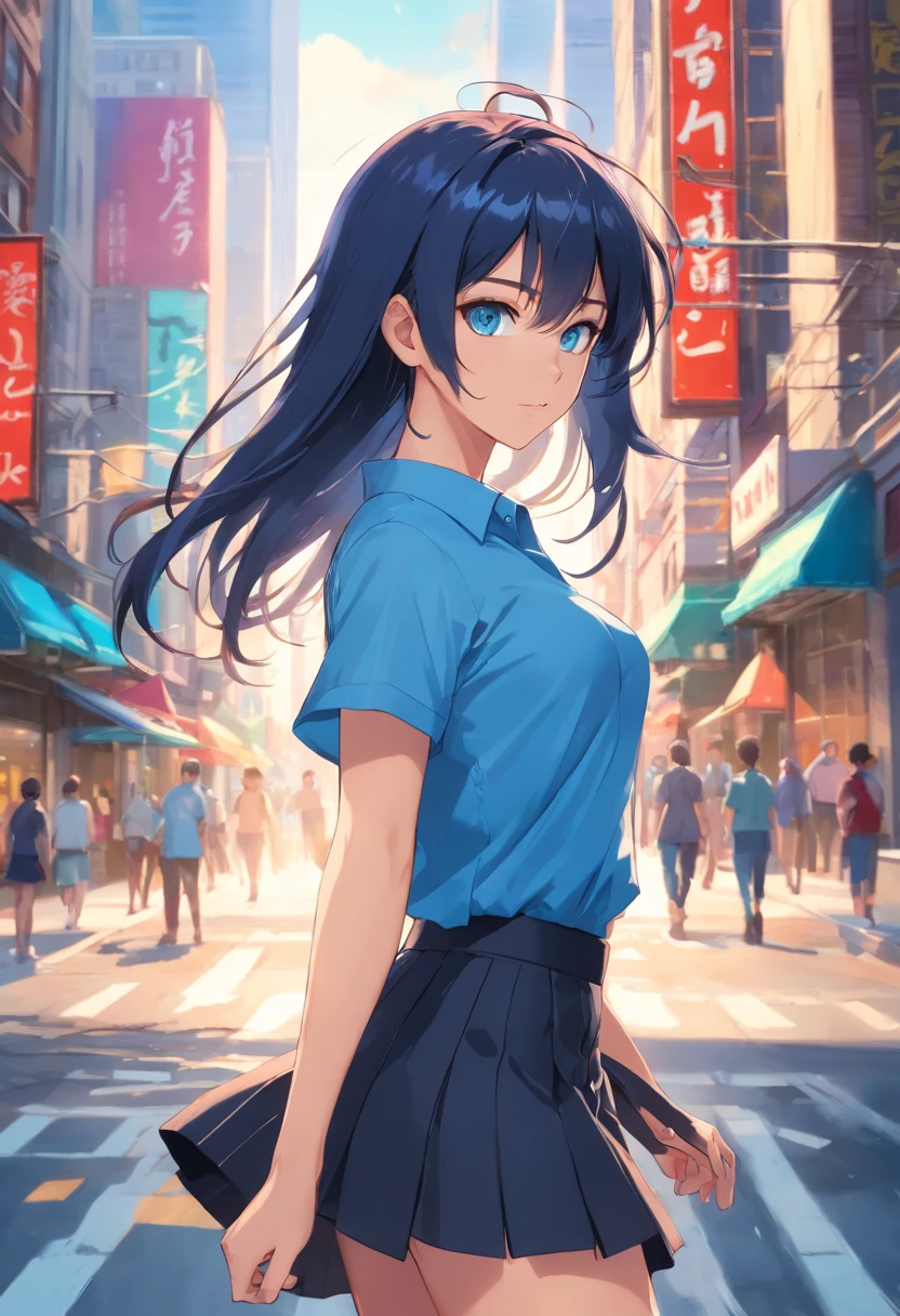 Blue eyes, Masterpiece, Best Quality, 8K, Photographic Reality, Realistic, Octane Rendering, Bustling Urban Streets of CHicago (1 Woman: 1.4), (Only One Woman on the Screen: 1.3), (Blue Shirt), (Long Black Hair), (Hip Wrapped Skirt), (Blue Eyes) Upper Body Display (Asian-American) (Fit, Athletic, Tall)(Small Breasts) (Frost Giant)