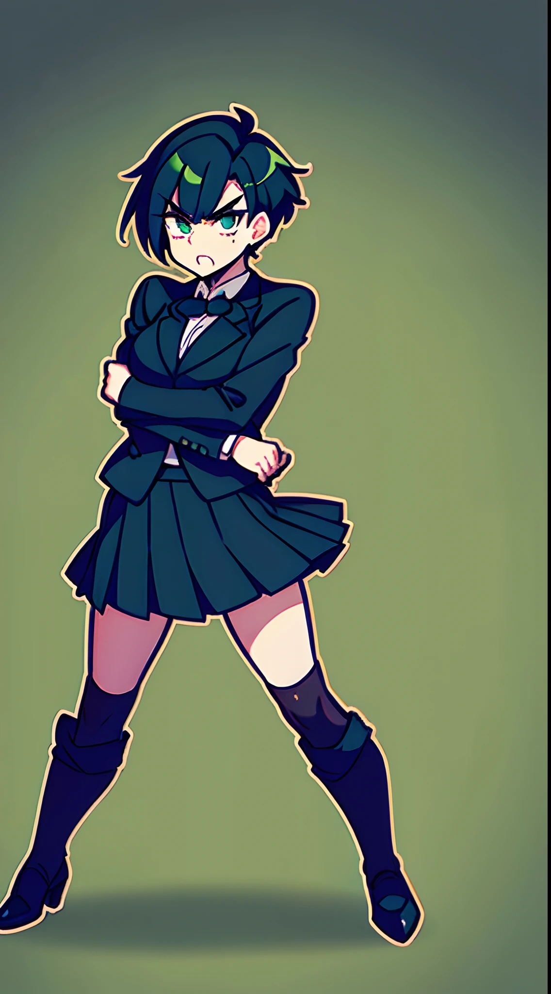 Girl with short green and black hair wearing skirt and formal clothes,Pose for Jojo,angry