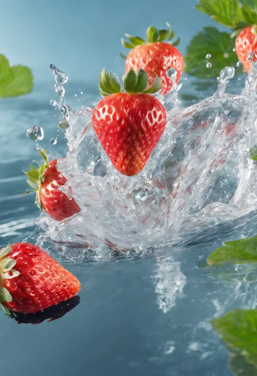 cinematic RAW photo,foto ultra real,Ultra foto realsisim,Digital SLR,soft lighting,Product photo of 5 strawberries falling into the water、Drippy、Splash clear liquid、water bloom,dynamic compositions,(master part) (best quality) (circunstanciado) (Cinematic lighting) (foco nítido) (intrincado), master part, best quality, ultrahigh-resolution, 8K UHD