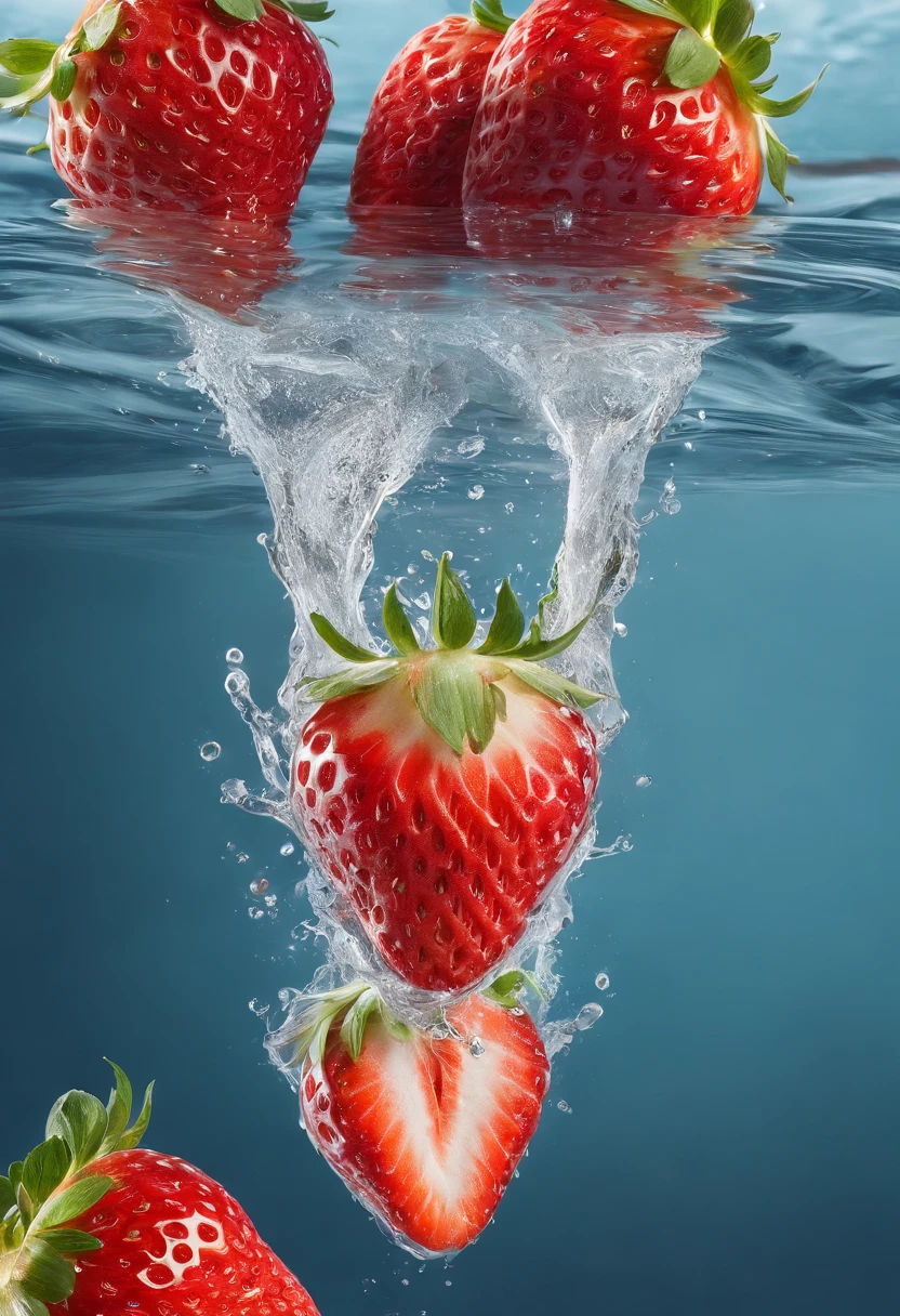 cinematic RAW photo,foto ultra real,Ultra foto realsisim,Digital SLR,soft lighting,Product photo of 5 strawberries falling into the water、Drippy、Splash clear liquid、water bloom,dynamic compositions,(master part) (best quality) (circunstanciado) (Cinematic lighting) (foco nítido) (intrincado), master part, best quality, ultrahigh-resolution, 8K UHD