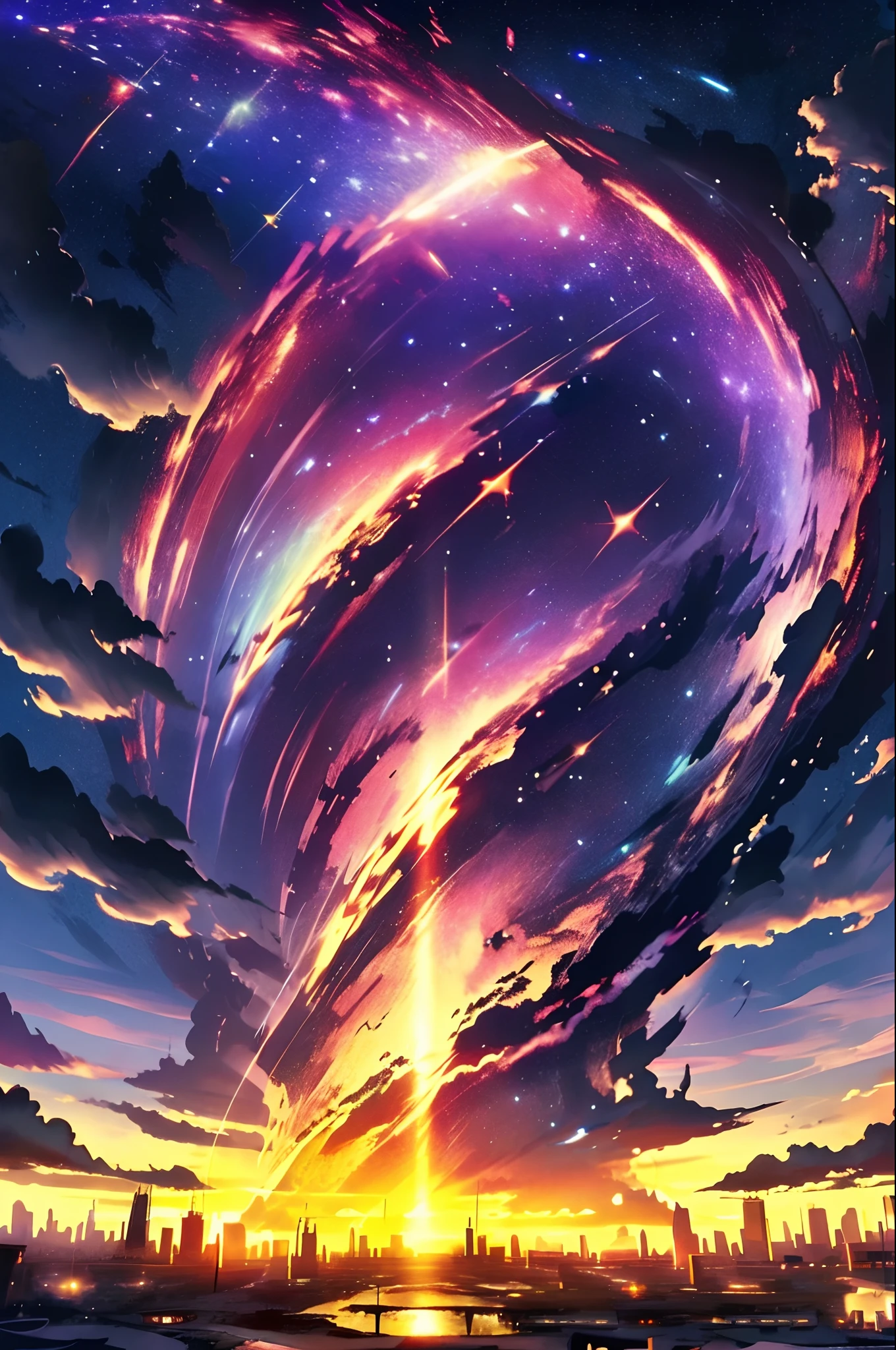 EpicPsychedelicSky, psychedelic sunset, outdoors, sky, storm clouds, thunder, lightning, water, no_humans, cloudy_sky, building, star_(sky), scenery, lens_flare, starry_sky, reflection, sunset, post apocalyptic city, post apocalyptic cityscape, post apocalyptic skyscraper, city_lights, diffraction, incredible color scheme, perfect color scheme 
 (perfect masterpiece,best quality, best resolution:1.5)(perfect CG 8K UHD unity wallpaper)