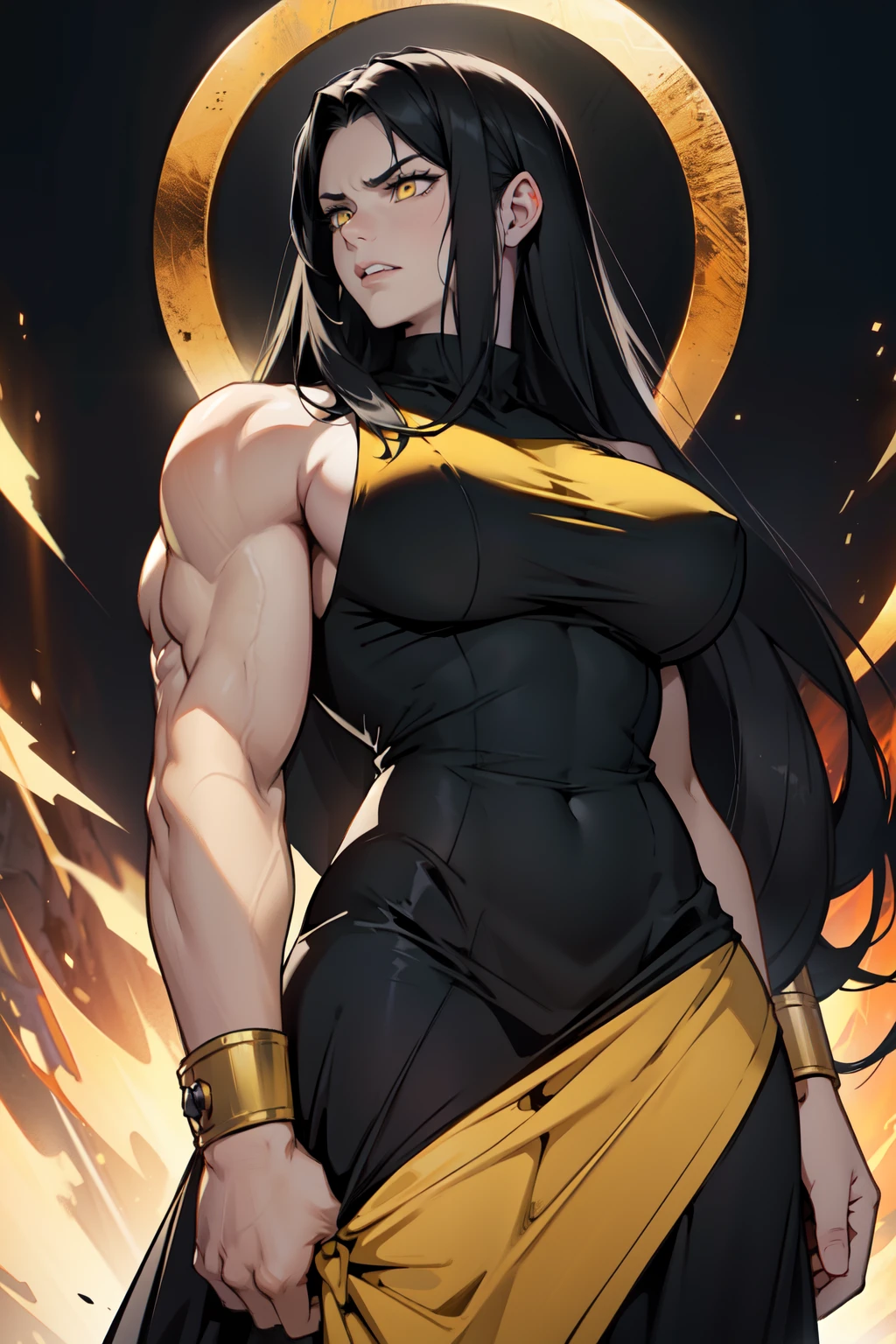 angry (((muscular girl toned body massive breasts horns))) long black hair yellow eyes pale skin gold gold gold gold gold gold