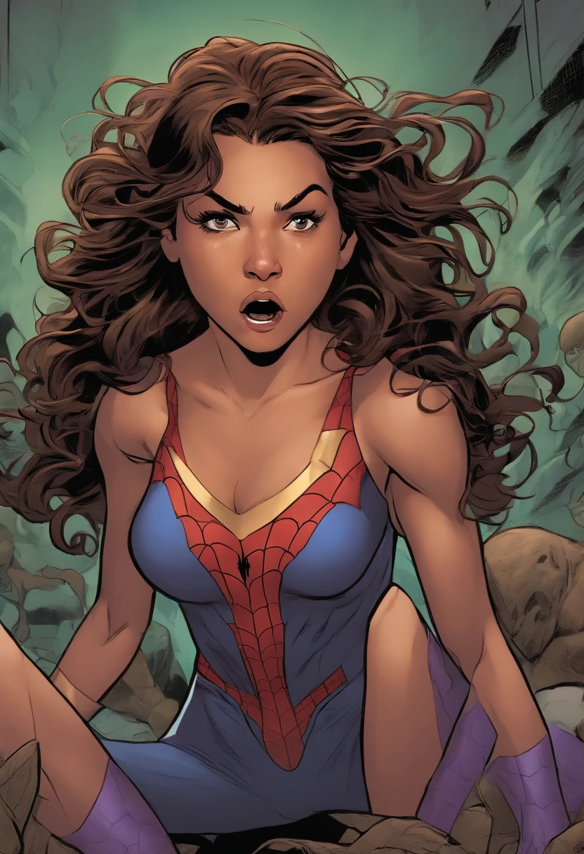 Marvel Comic Panel, 15 year old Mexican-American girl with medium length brown wavy hair, Tan skin, brown eyes, purple Spider-Man suit, screaming in anger with tears rolls down her face.