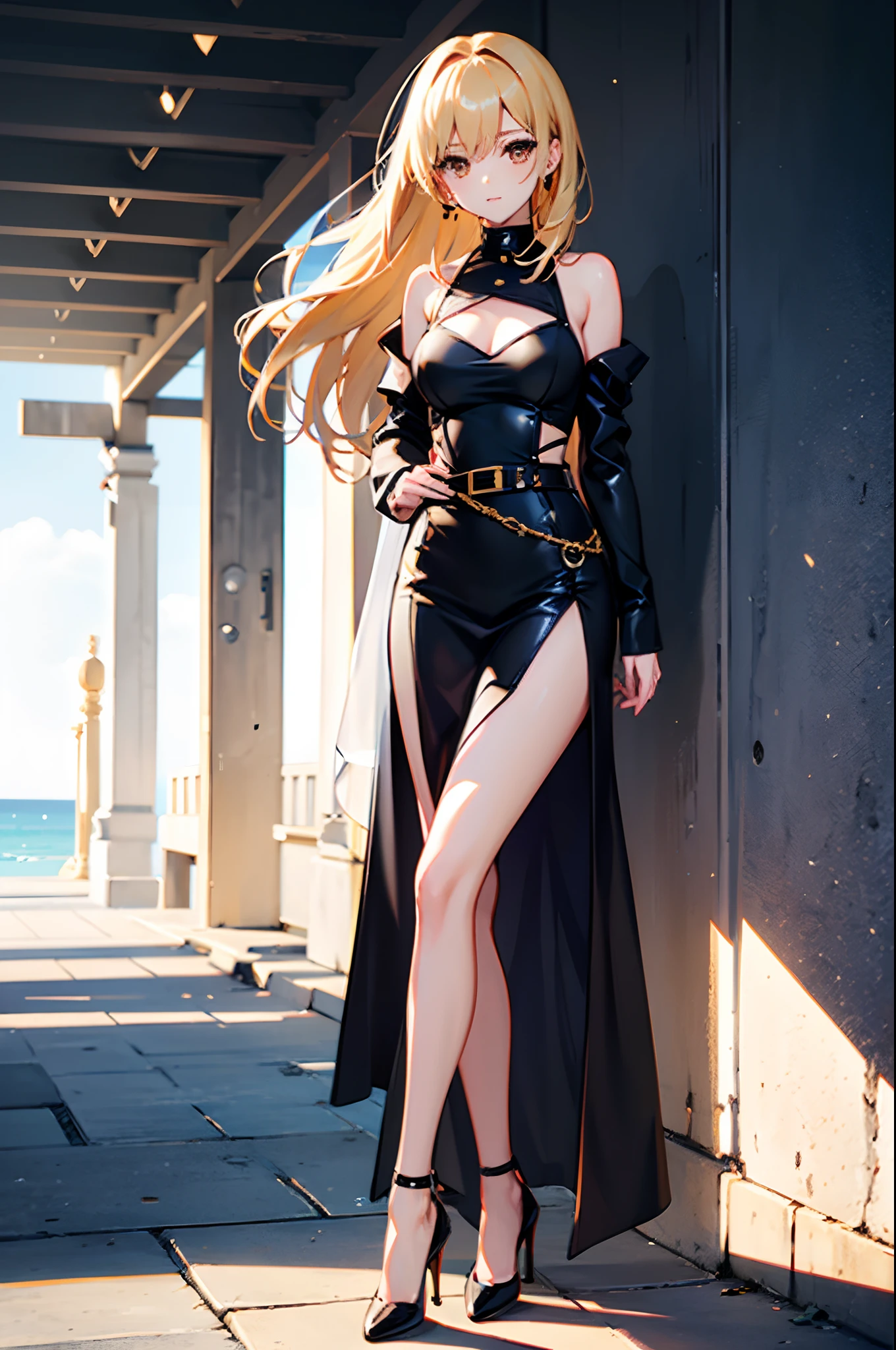 1girl, blond hair almost to the ground, one-piece black leather outfit with a translucent neckline and 4 straps along the front attached to a belt around the nec, short black loose dress, bare shoulders, black stockings ending before the end of the dress, black high heels, sleeves from elbow loose at the wrists, bow at waist level at the back, Brown eyes, standing in front of barrier with sea in the back