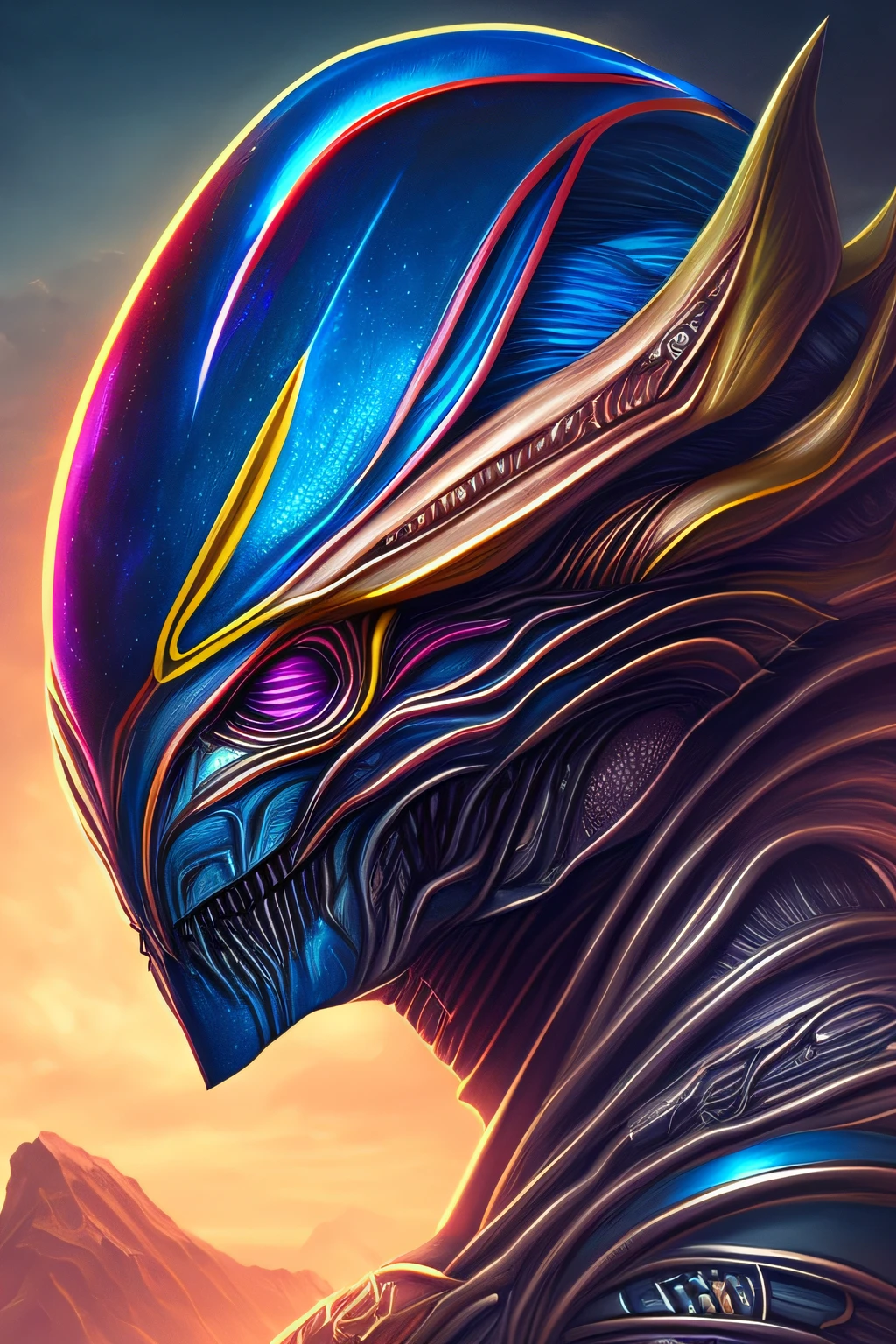 In coloring style, a detailed and realistic alien face.