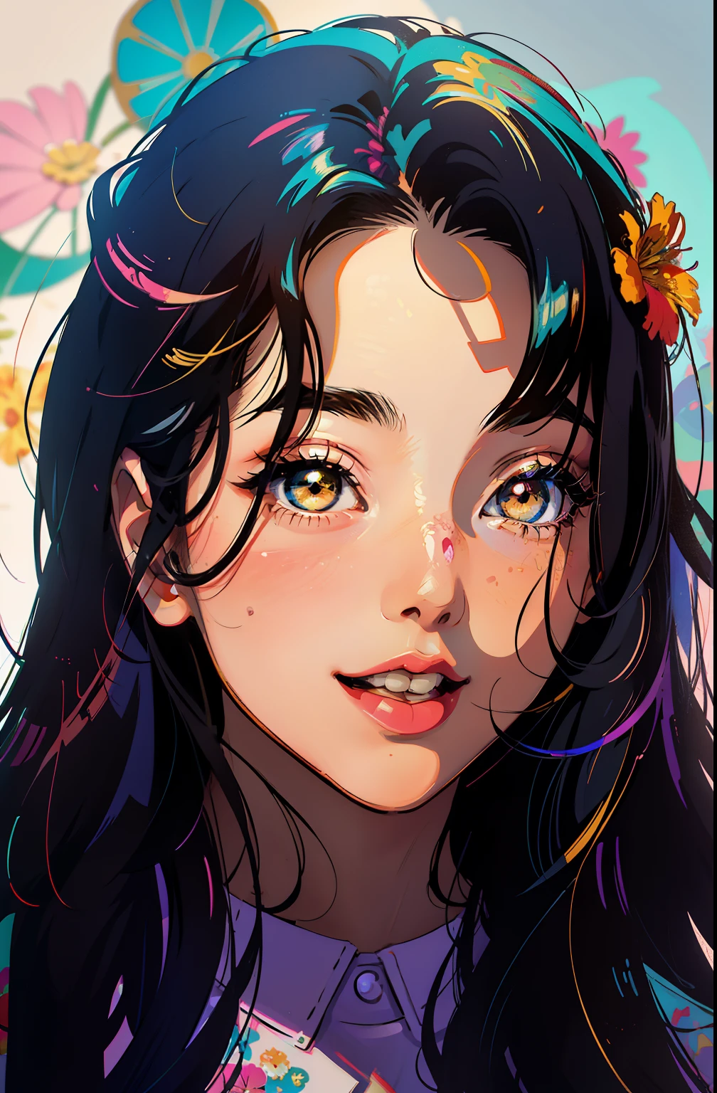 Create digital artwork in the Pop Art style, Featuring a vibrant and confident young Asian girl,street fashion, Movie color scheme, big smile, wink eye, Surrounded by vintage flower motifs, Vibrant brushstrokes,Emotions should be dynamic, Upper body, Drawing, illustration, escala cinza, tropical, Many flowers,