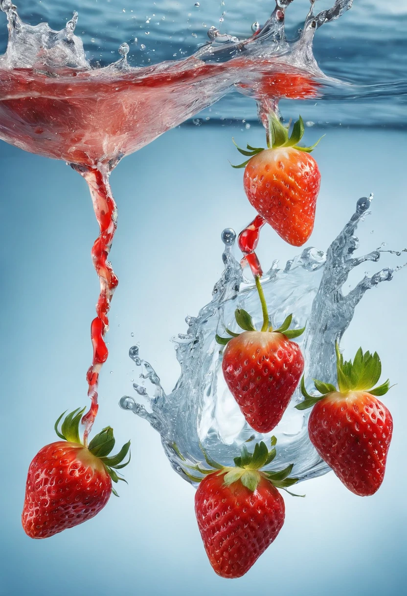 cinematic RAW photo,foto ultra real,Ultra foto realsisim,Digital SLR,soft lighting,Product photo of 5 strawberries falling into the water、Drippy、Splash clear liquid、water bloom,dynamic compositions,(master part) (best quality) (circunstanciado) (Cinematic lighting) (foco nítido) (intrincado), master part, best quality, ultrahigh-resolution, 8K UHD