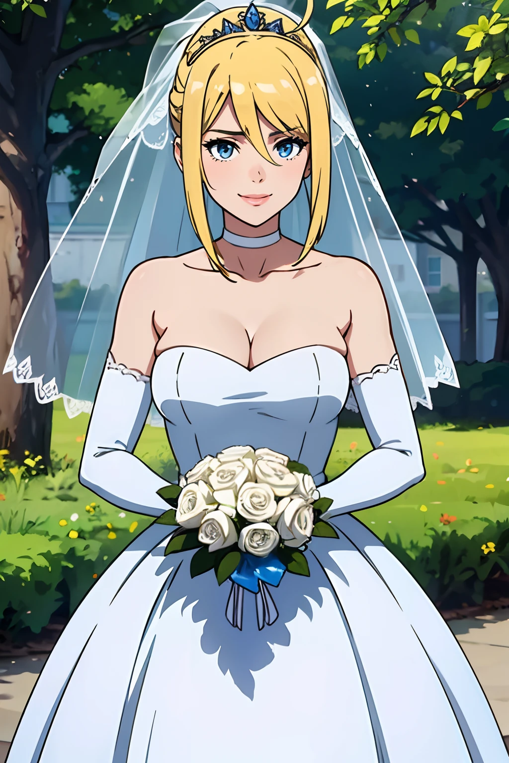 samus aran, hair between eyes, ahoge, blond hair, star \(symbol\), hair ornament, dress, cleavage, bare shoulders, collarbone, long white elbow gloves, white gloves, white dress, white choker, strapless, tiara, veil, strapless dress, wedding dress, bridal veil, beautiful woman, perfect body, perfect breasts, wearing a wedding dress, ball gown, in the park trees, wedding decorations, a in love smile, realism, masterpiece, textured skin, super detail, high detail, high quality, best quality, 1080p, 16k