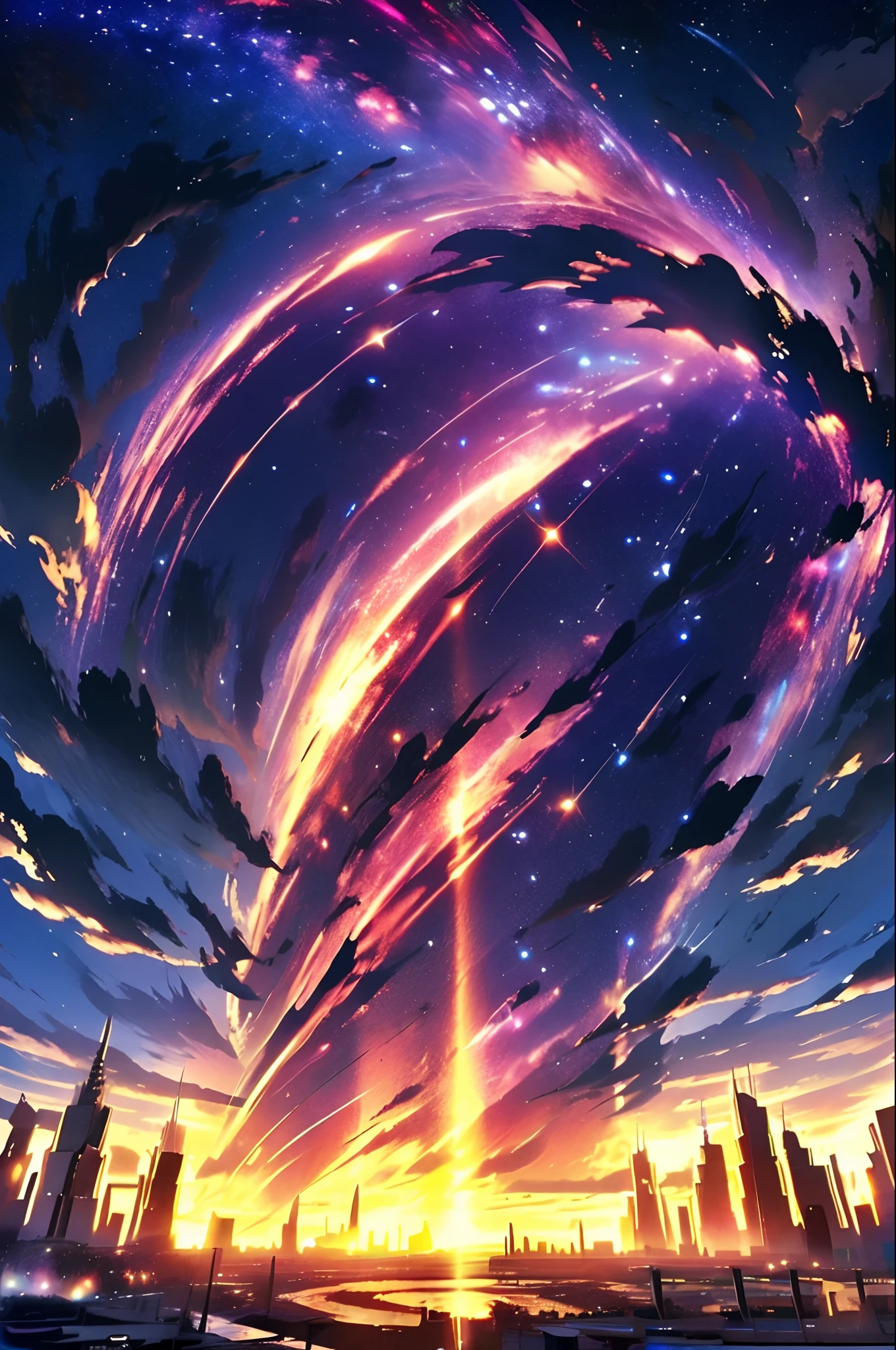 EpicPsychedelicSky, psychedelic sunset, outdoors, sky, cloud, water, no_humans, cloudy_sky, building, star_(sky), scenery, lens_flare, starry_sky, reflection, sunset, futuristic city, futuristic cityscape, futuristic skyscraper, city_lights, diffraction, incredible color scheme, perfect color scheme
(perfect masterpiece,best quality, best resolution:1.5)(perfect CG 8K UHD unity wallpaper)