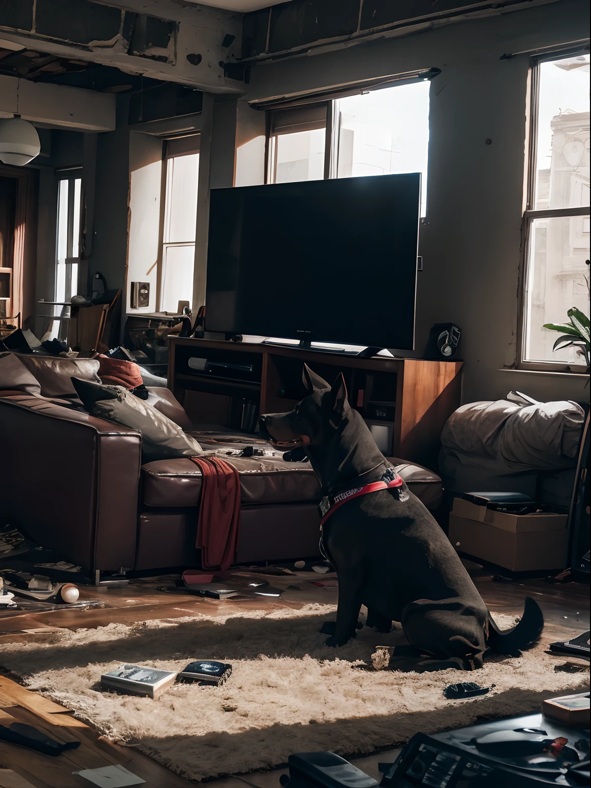 destroyed  living room, 1 tube tv on the floor, 1 Dobermann dog sitting on the sofa, watching tv, all objects appear side view