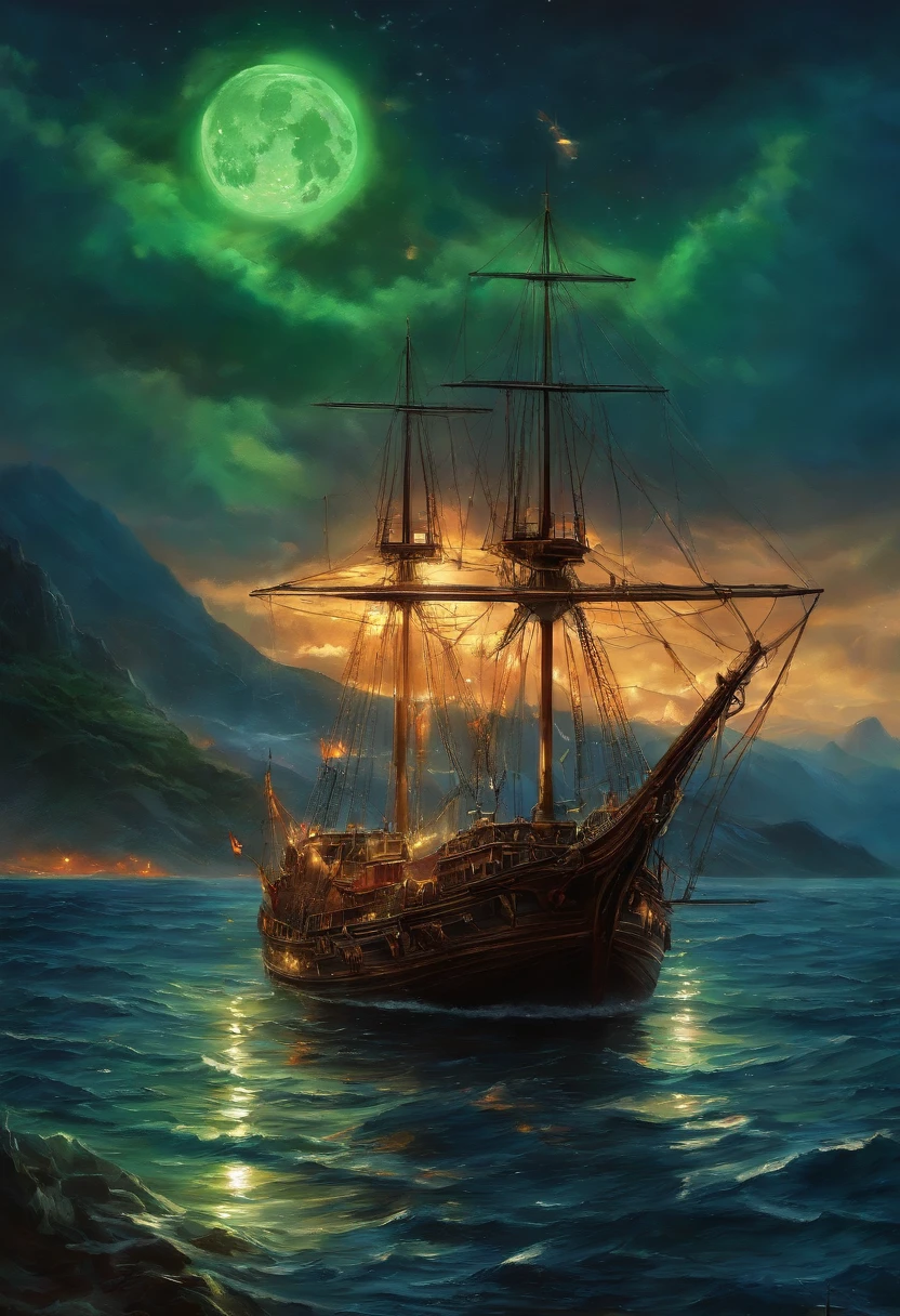 oil painted , ((Masterpiece:1.1)),[anime big breast:impasto:0.5], Intricate , fantasy,(1 boat),(Ocean:1.2),[Cruise:Cruise with (Green fire:1.2):0.1], Clear sky ,Wind ,Beautiful sky,(nightsky),(milky ways), (Huge blood moon in the background:1.05),