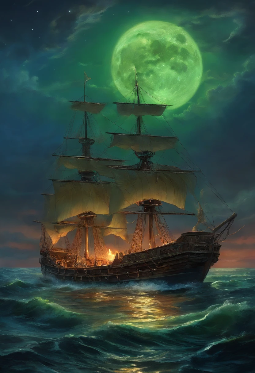oil painted , ((Masterpiece:1.1)),[anime big breast:impasto:0.5], Intricate , fantasy,(1 boat),(Ocean:1.2),[Cruise:Cruise with (Green fire:1.2):0.1], Clear sky ,Wind ,Beautiful sky,(nightsky),(milky ways), (Huge blood moon in the background:1.05),