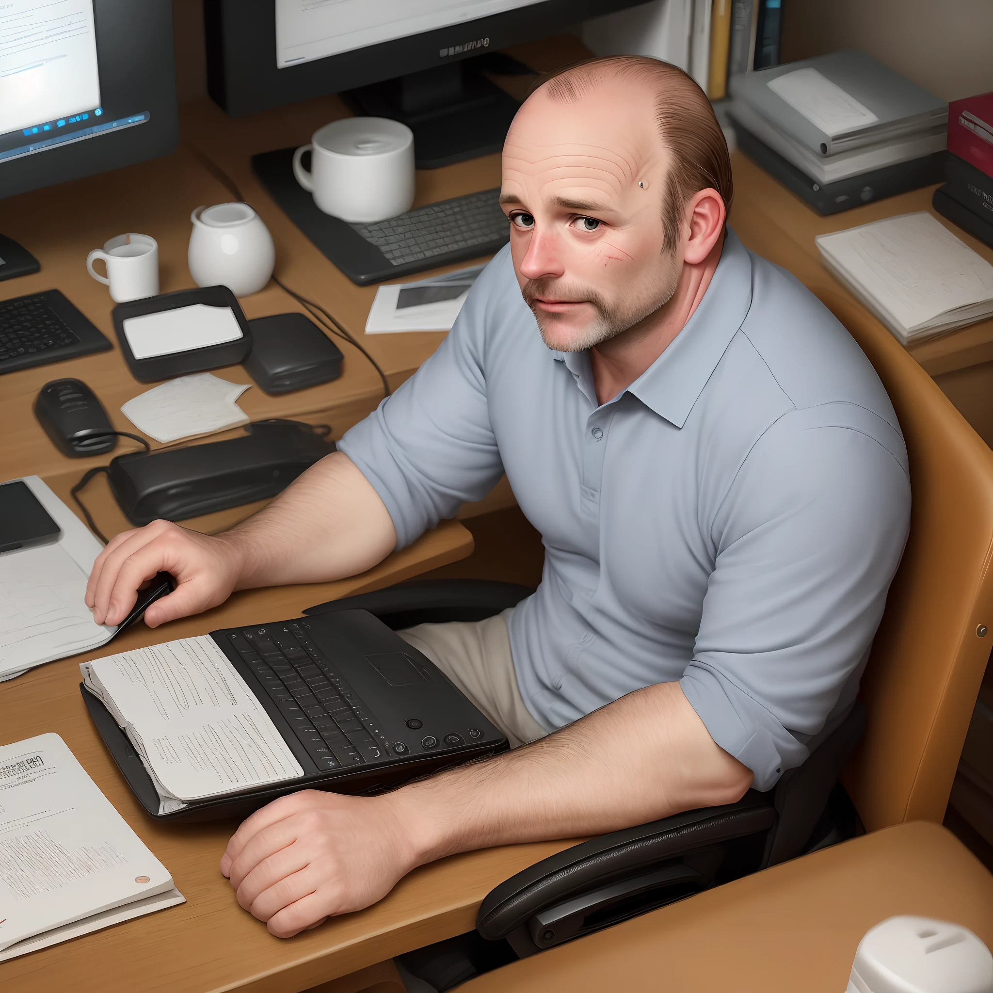 45 year old man. Balding and sucked in face. Bags under eyes. Sitting at a computer. Dirty and cluttered desk