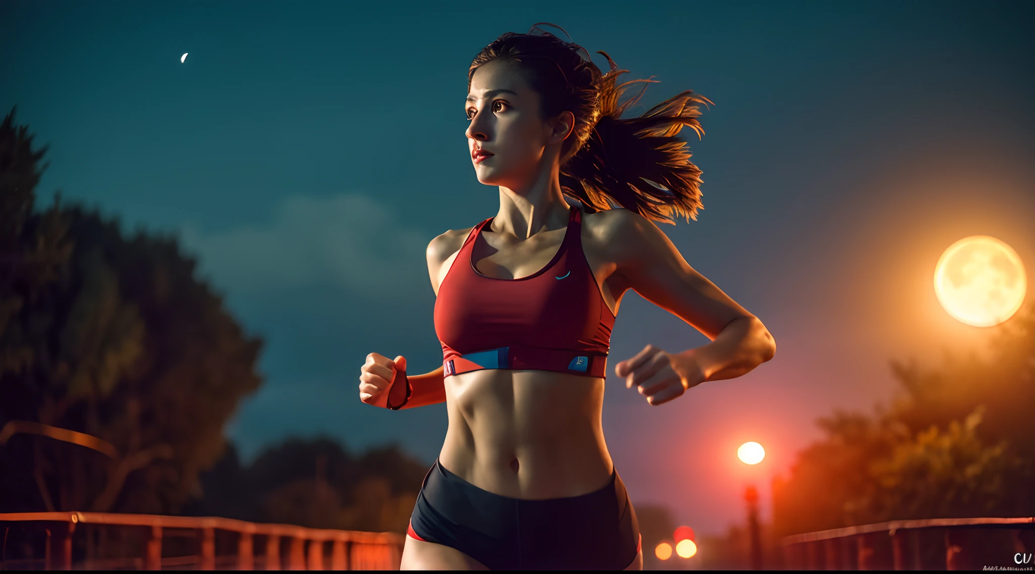 photo realistic 8k, Detailed image creator of a realistic photo of a woman fitness realistic running at night with a red moon and her well-defined abdomen appears, highlight the well-defined abdomen