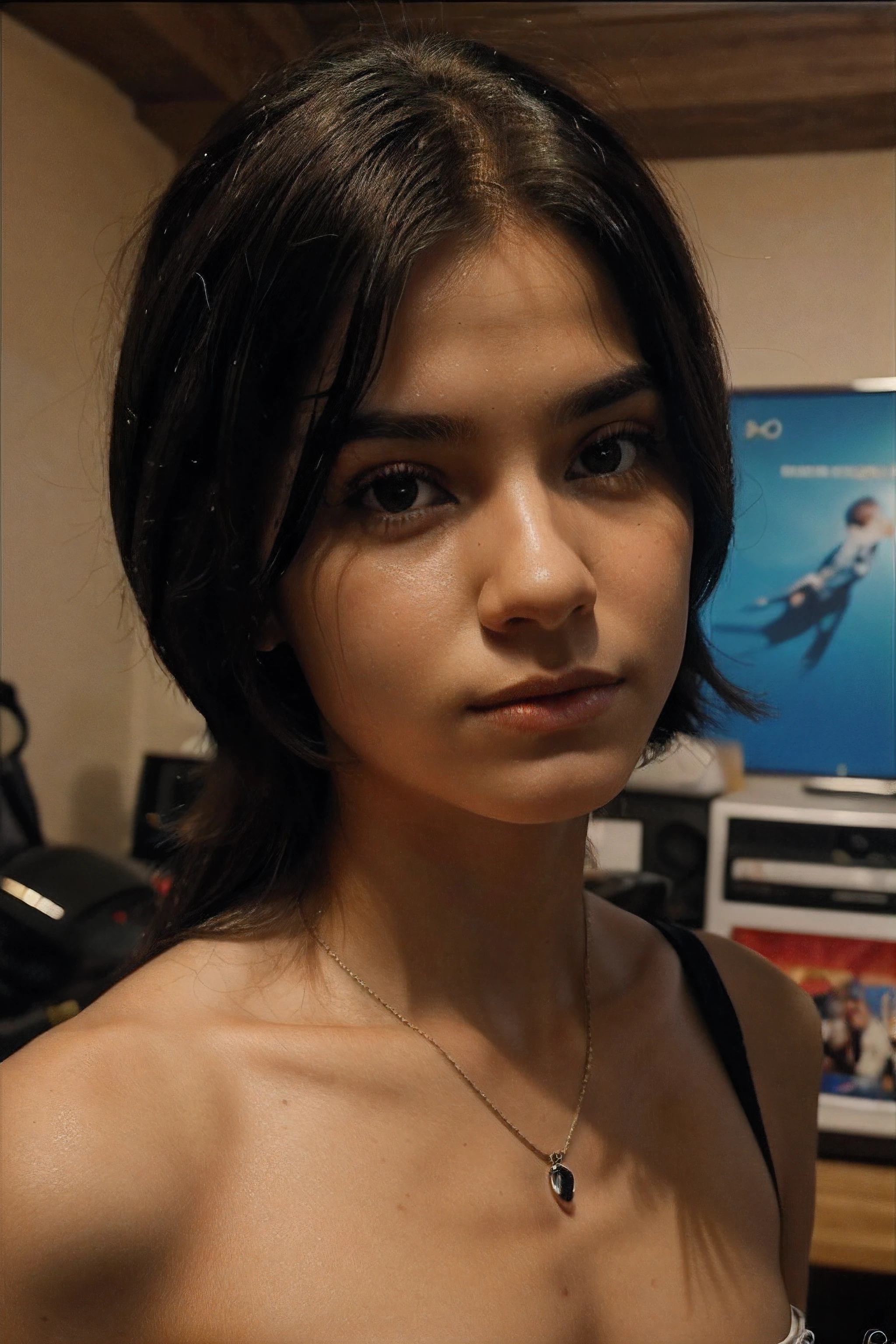 An 18-year-old preteen with long, pale skin, cabelo preto liso. olhos grandes e escuros , with an intense and enigmatic expression. Wearing the Clothe Style Orphan Movie, com um toque mais elegante e sofisticado, algo que combina com sua personalidade misteriosa e forte. Geral, His appearance would be striking, atraindo olhares curiosos e intrigados. peito achatado, Cinematic lighting, chromatic aberration, Backlighting, master part, Detalhes altos, alta qualidade, 4k.