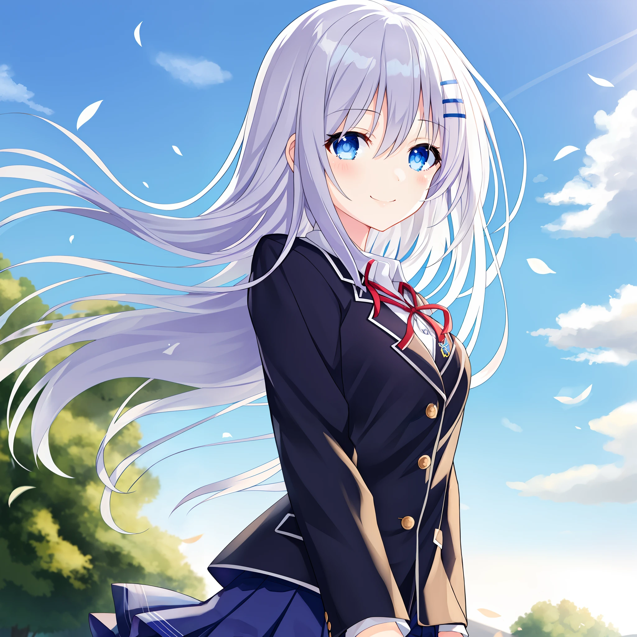 beautiful girl, light smile, open eyes, detailed eyes, school uniform, pretty anime girl, blue sky, morning, long hair, wind, black uniform